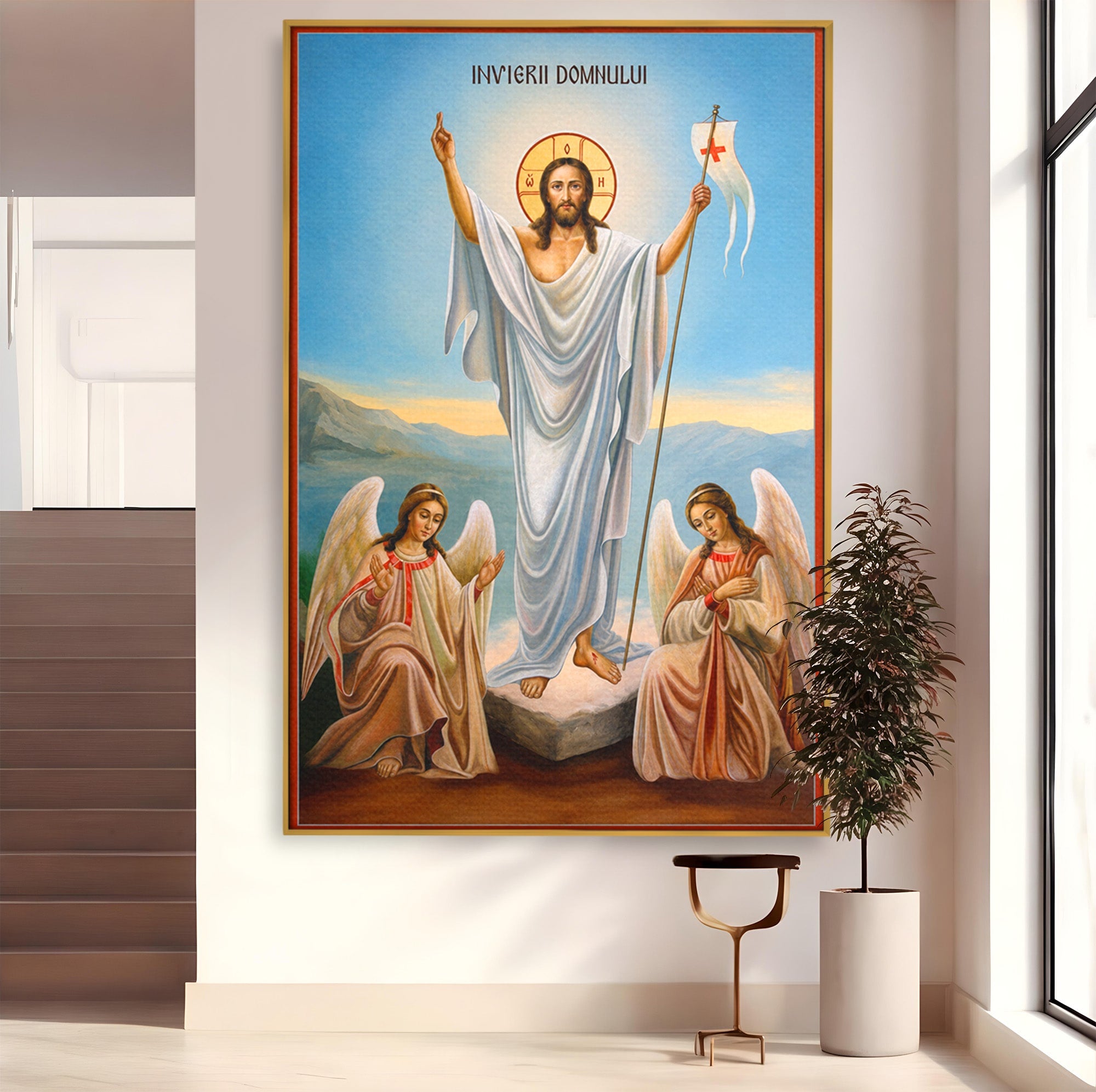 Tablou Canvas Premium LuxCanva® H1093, Hristos Cel Inviat, Religie, Icoana, Inger, Credinta, Dormitor, Living, Culori Vibrante