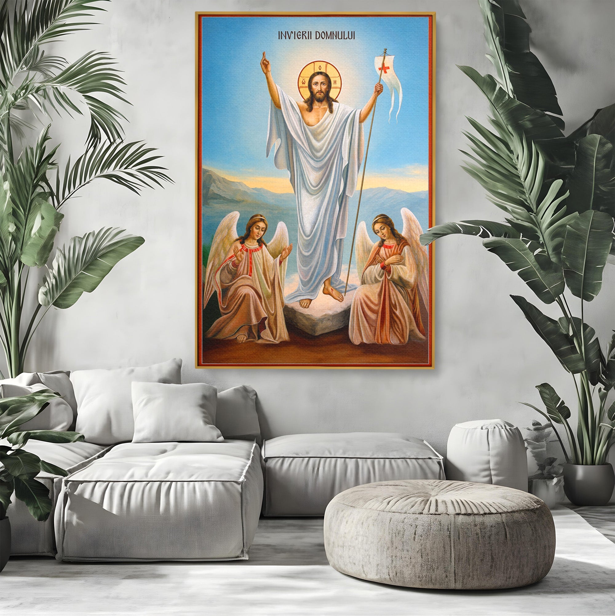 Tablou Canvas Premium LuxCanva® H1093, Hristos Cel Inviat, Religie, Icoana, Inger, Credinta, Dormitor, Living, Culori Vibrante