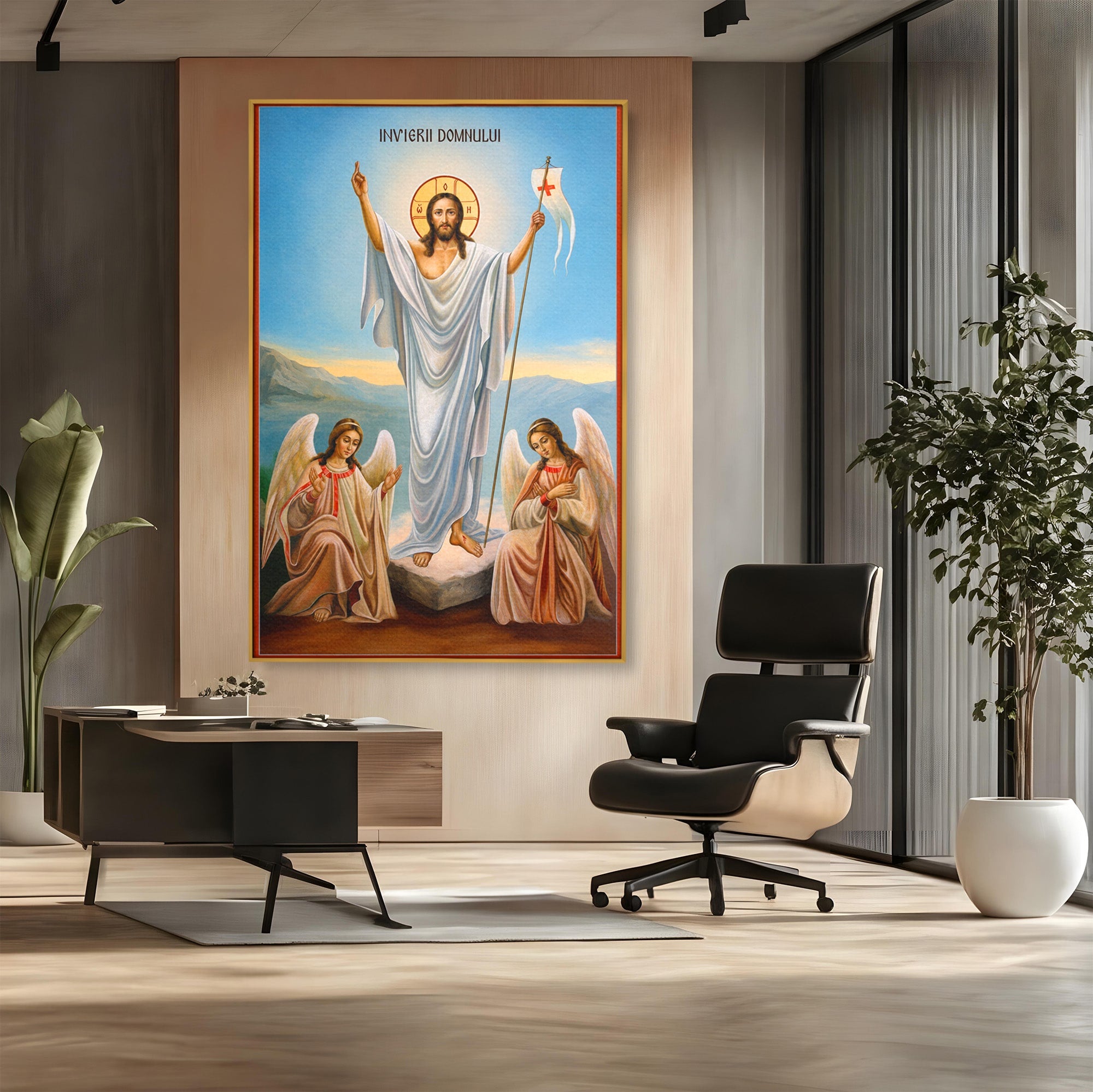 Tablou Canvas Premium LuxCanva® H1093, Hristos Cel Inviat, Religie, Icoana, Inger, Credinta, Dormitor, Living, Culori Vibrante