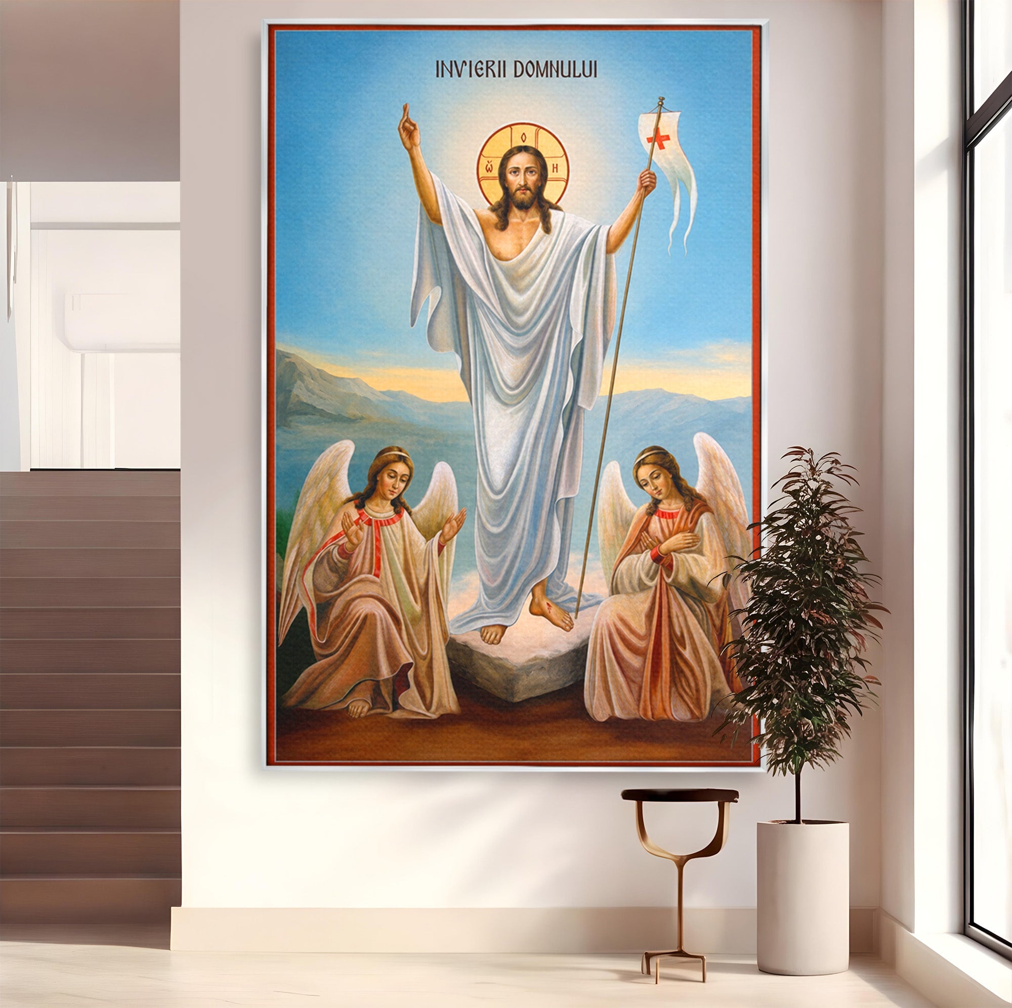 Tablou Canvas Premium LuxCanva® H1093, Hristos Cel Inviat, Religie, Icoana, Inger, Credinta, Dormitor, Living, Culori Vibrante