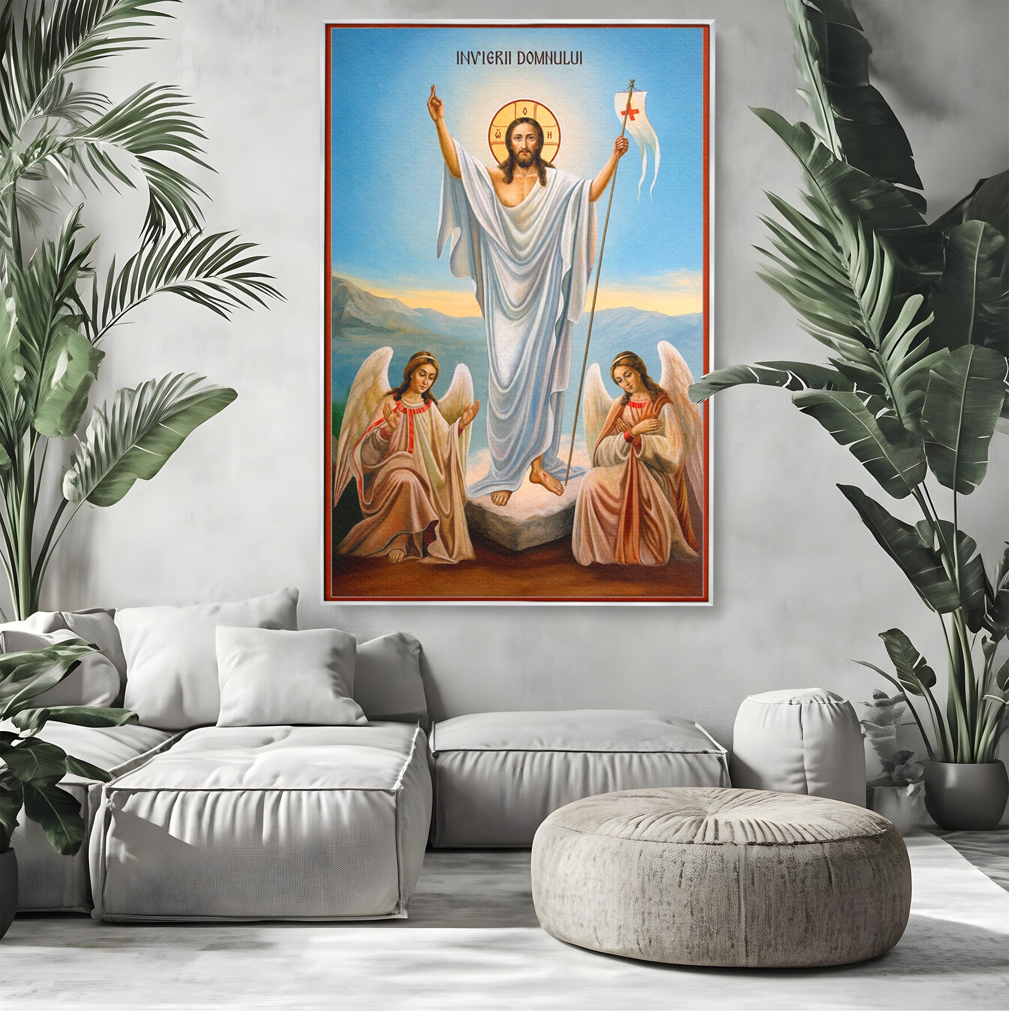 Tablou Canvas Premium LuxCanva® H1093, Hristos Cel Inviat, Religie, Icoana, Inger, Credinta, Dormitor, Living, Culori Vibrante