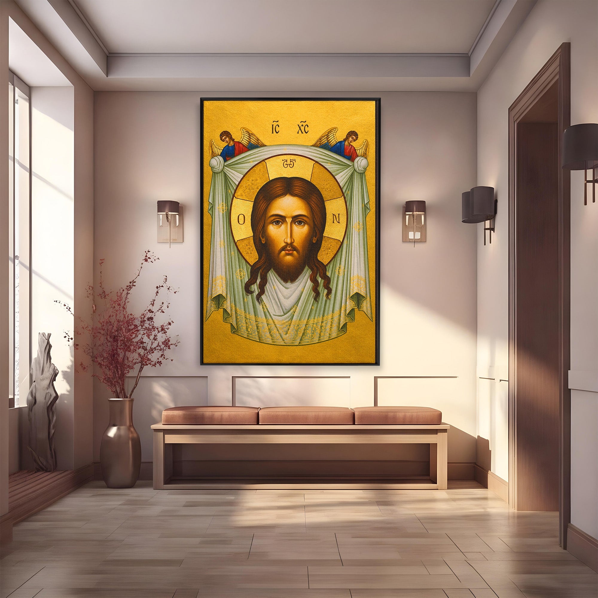 Tablou Canvas Premium LuxCanva® H1096, Fata Milostivirii Divine, Icoana, Religie, Spiritualitate, Credinta, Arta Sacra, Dormitor, Birou, Culori Vibrante