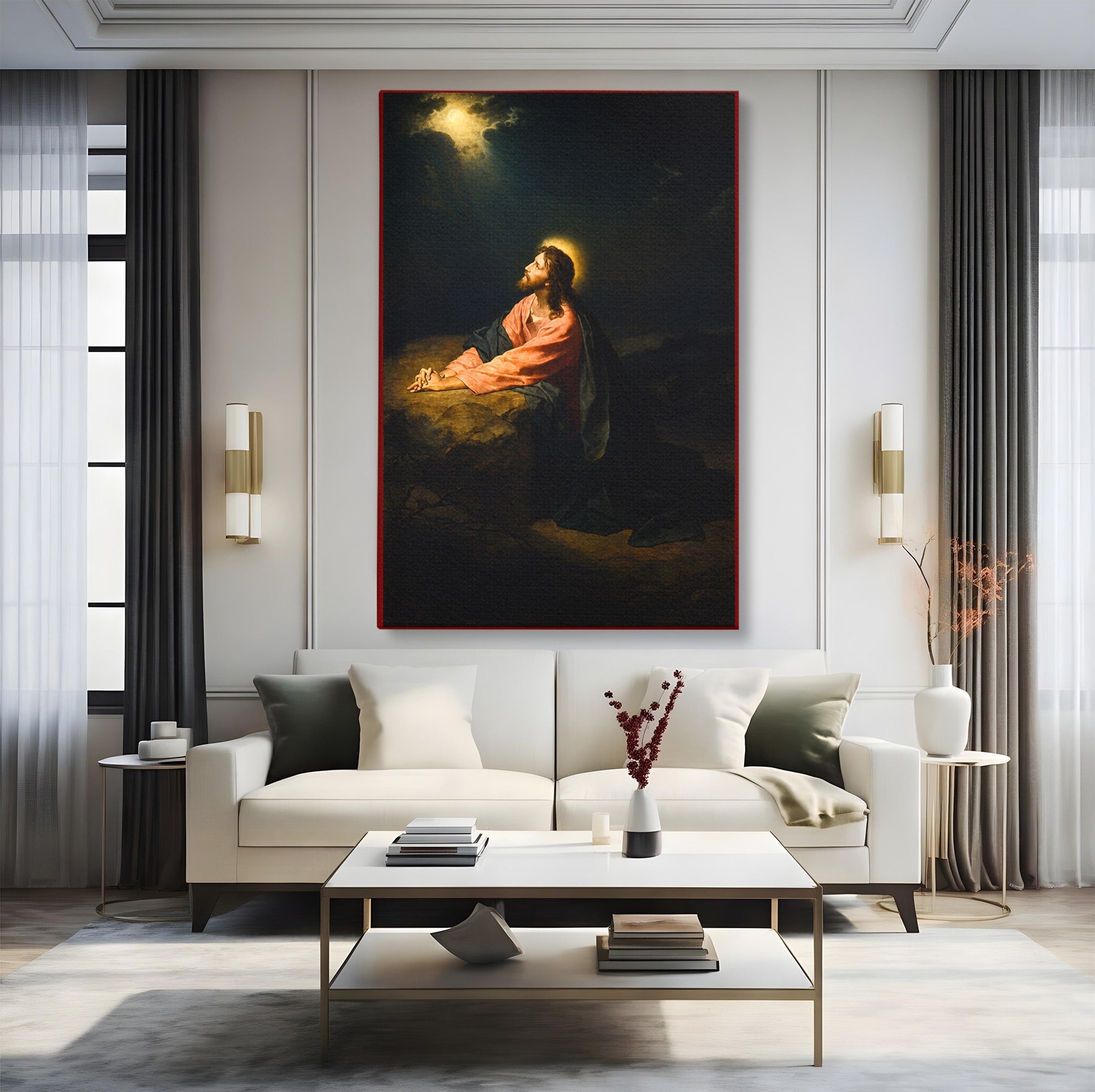 Tablou Canvas Premium LuxCanva® H1100, Iisus in Gradina Ghetsimani, Religie, Meditatie, Noapte, Dormitor, Spiritualitate, Culori Vibrante