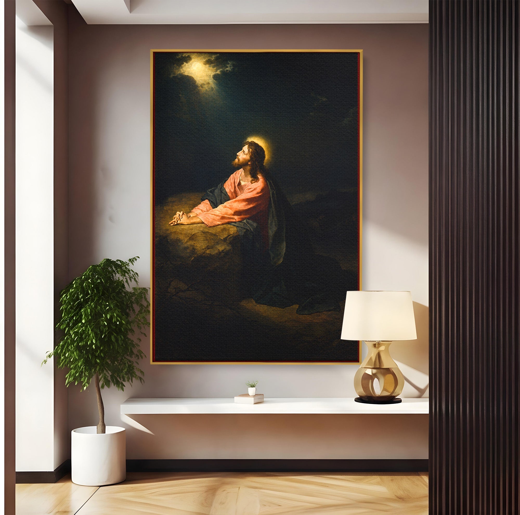 Tablou Canvas Premium LuxCanva® H1100, Iisus in Gradina Ghetsimani, Religie, Meditatie, Noapte, Dormitor, Spiritualitate, Culori Vibrante