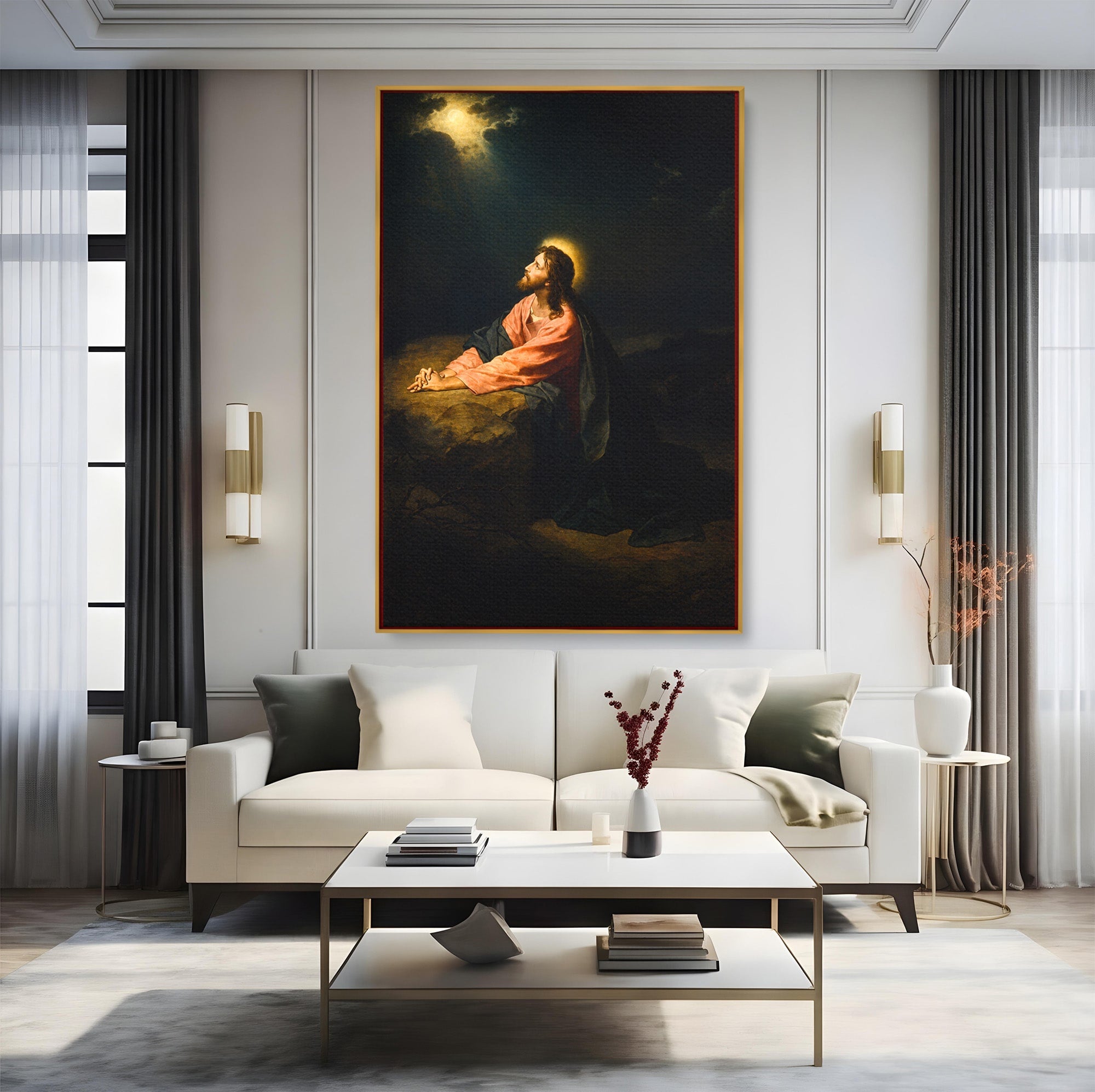 Tablou Canvas Premium LuxCanva® H1100, Iisus in Gradina Ghetsimani, Religie, Meditatie, Noapte, Dormitor, Spiritualitate, Culori Vibrante