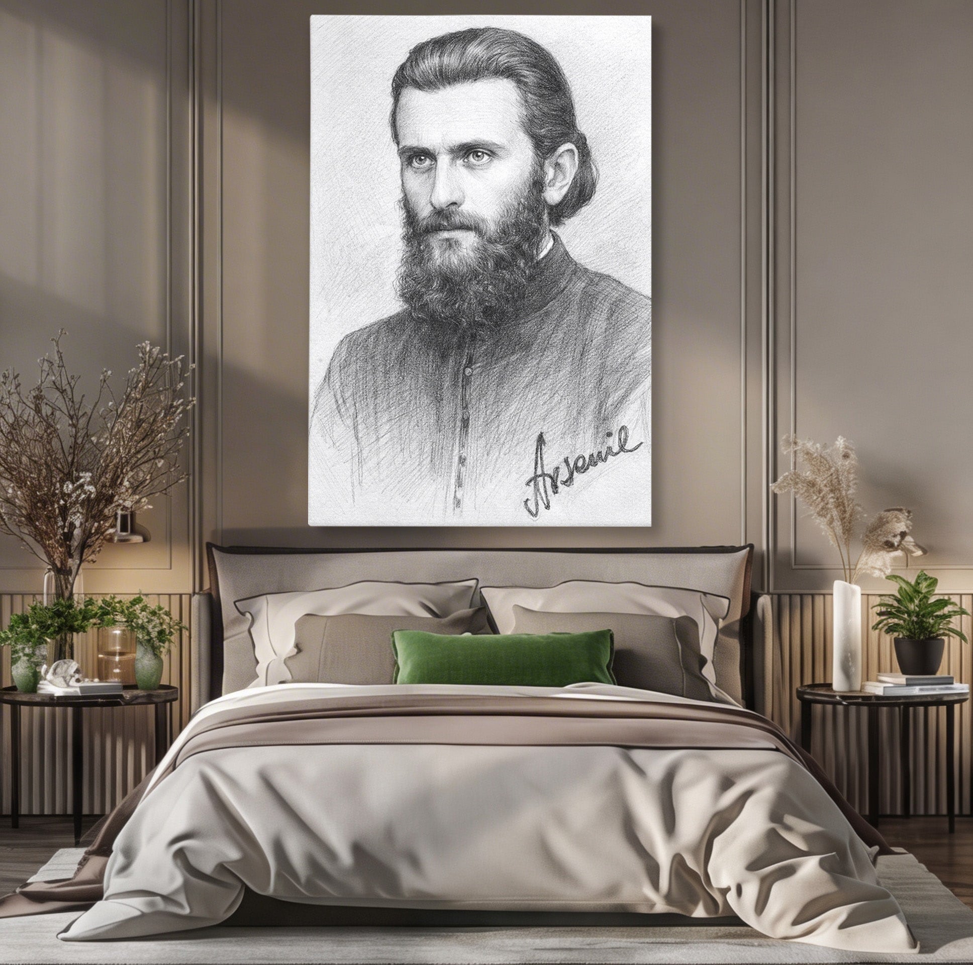 Tablou Canvas Premium LuxCanva® H1103, Portret Călugăr Contemplativ, Portret, Călugăr, Contemplativ, Artă, Birou, Culori Vibrante
