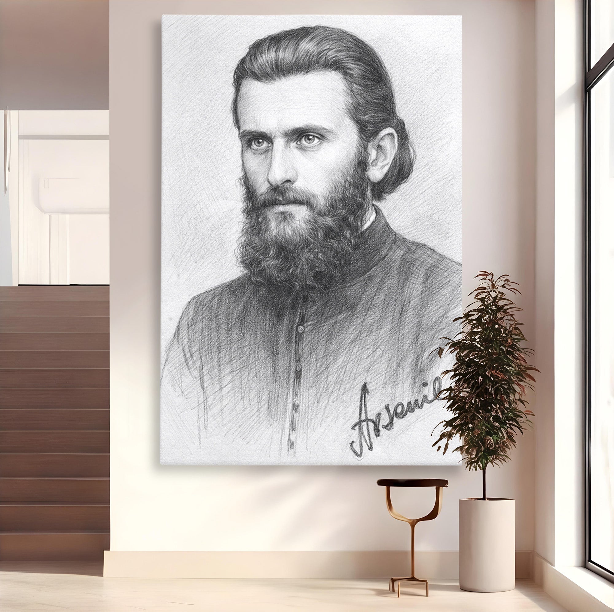 Tablou Canvas Premium LuxCanva® H1103, Portret Călugăr Contemplativ, Portret, Călugăr, Contemplativ, Artă, Birou, Culori Vibrante