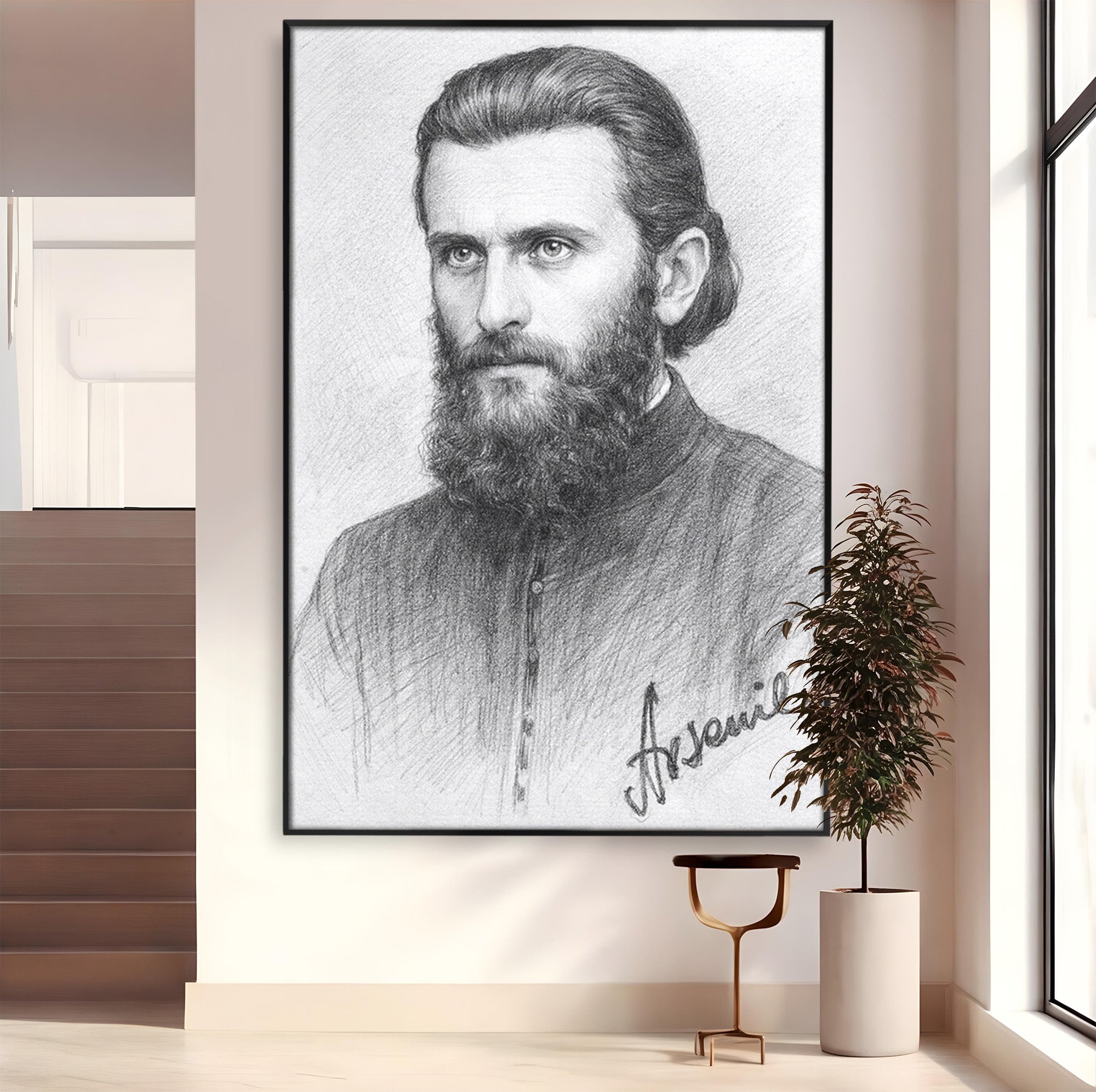 Tablou Canvas Premium LuxCanva® H1103, Portret Călugăr Contemplativ, Portret, Călugăr, Contemplativ, Artă, Birou, Culori Vibrante