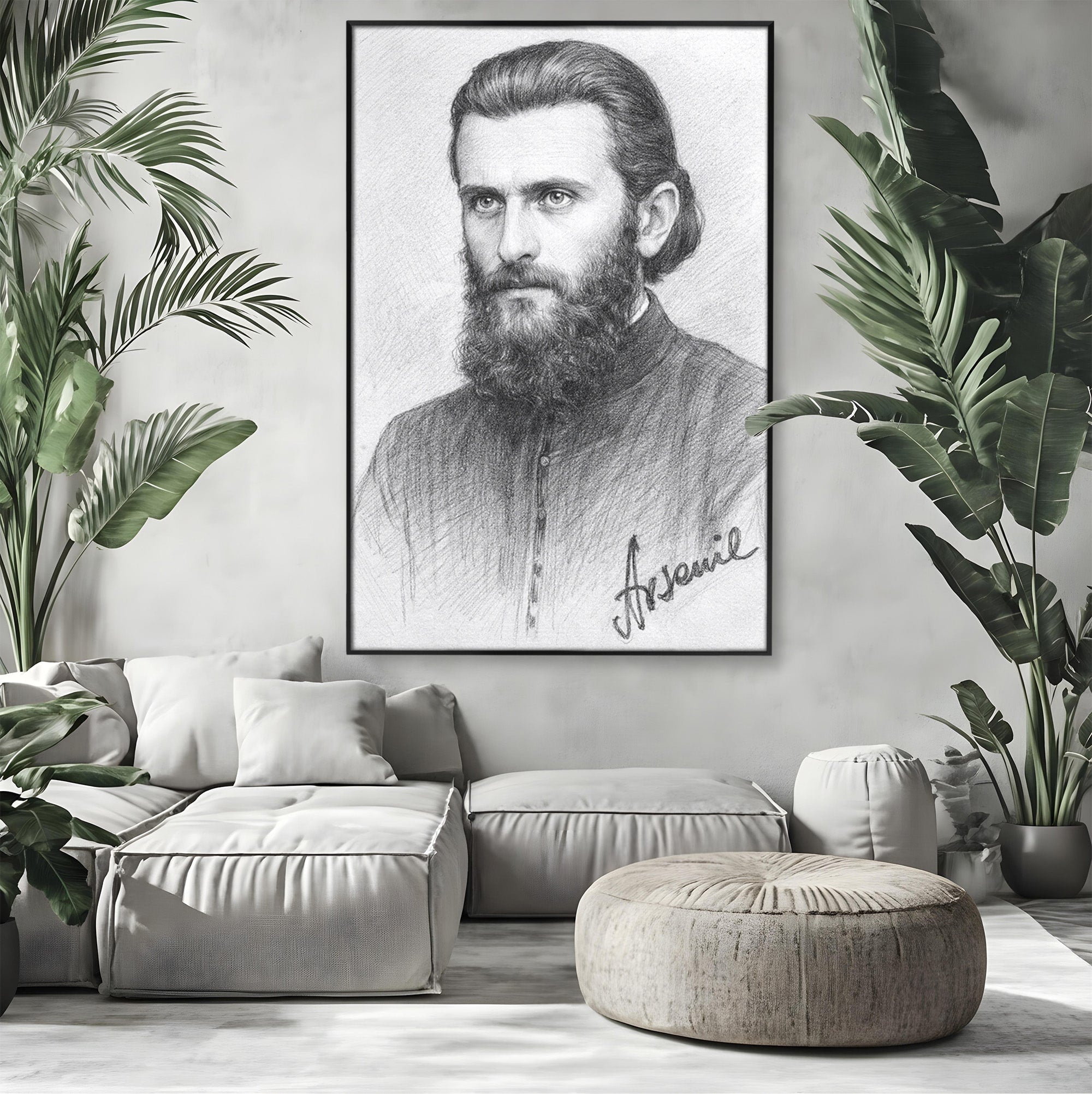 Tablou Canvas Premium LuxCanva® H1103, Portret Călugăr Contemplativ, Portret, Călugăr, Contemplativ, Artă, Birou, Culori Vibrante