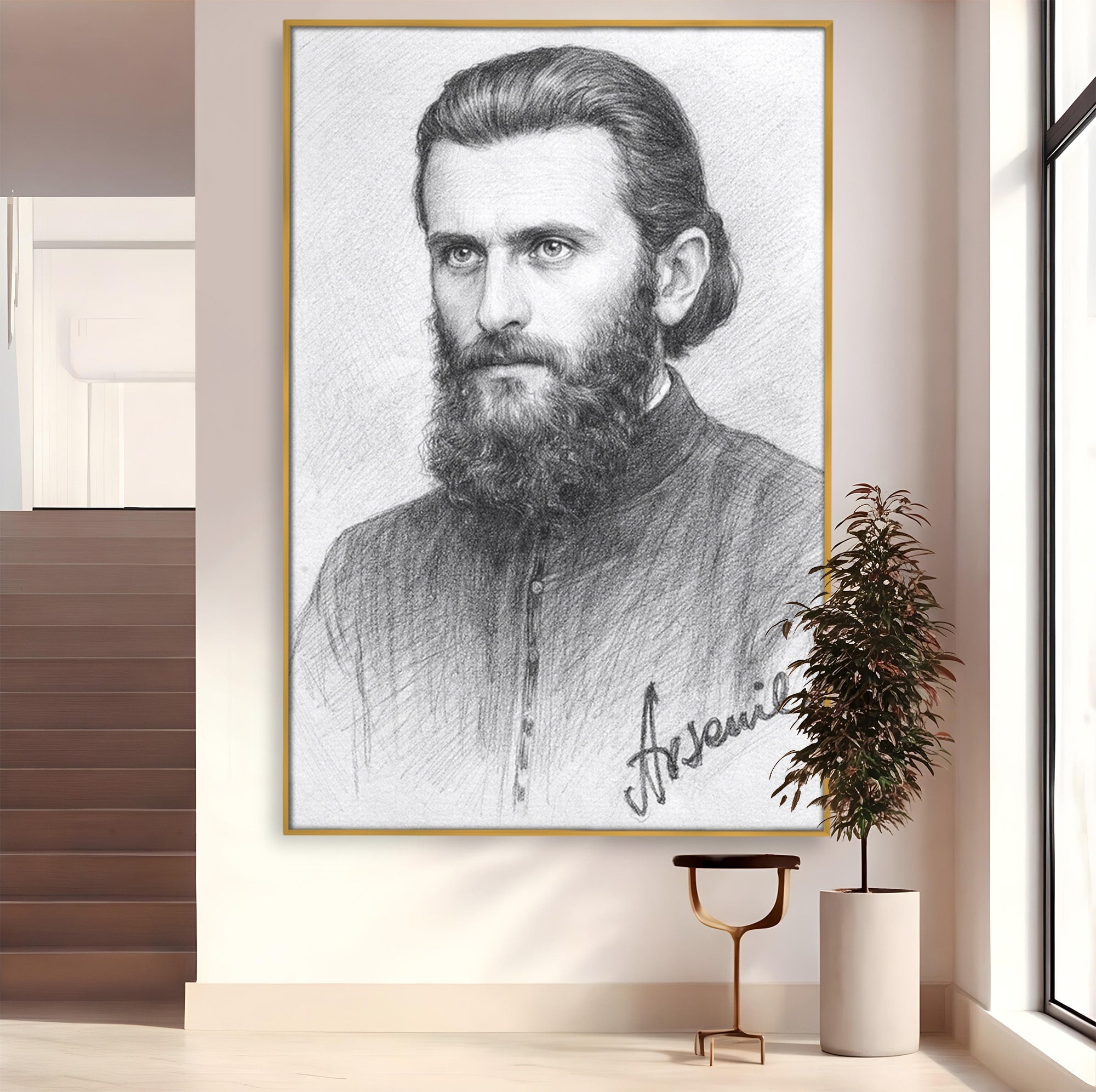 Tablou Canvas Premium LuxCanva® H1103, Portret Călugăr Contemplativ, Portret, Călugăr, Contemplativ, Artă, Birou, Culori Vibrante