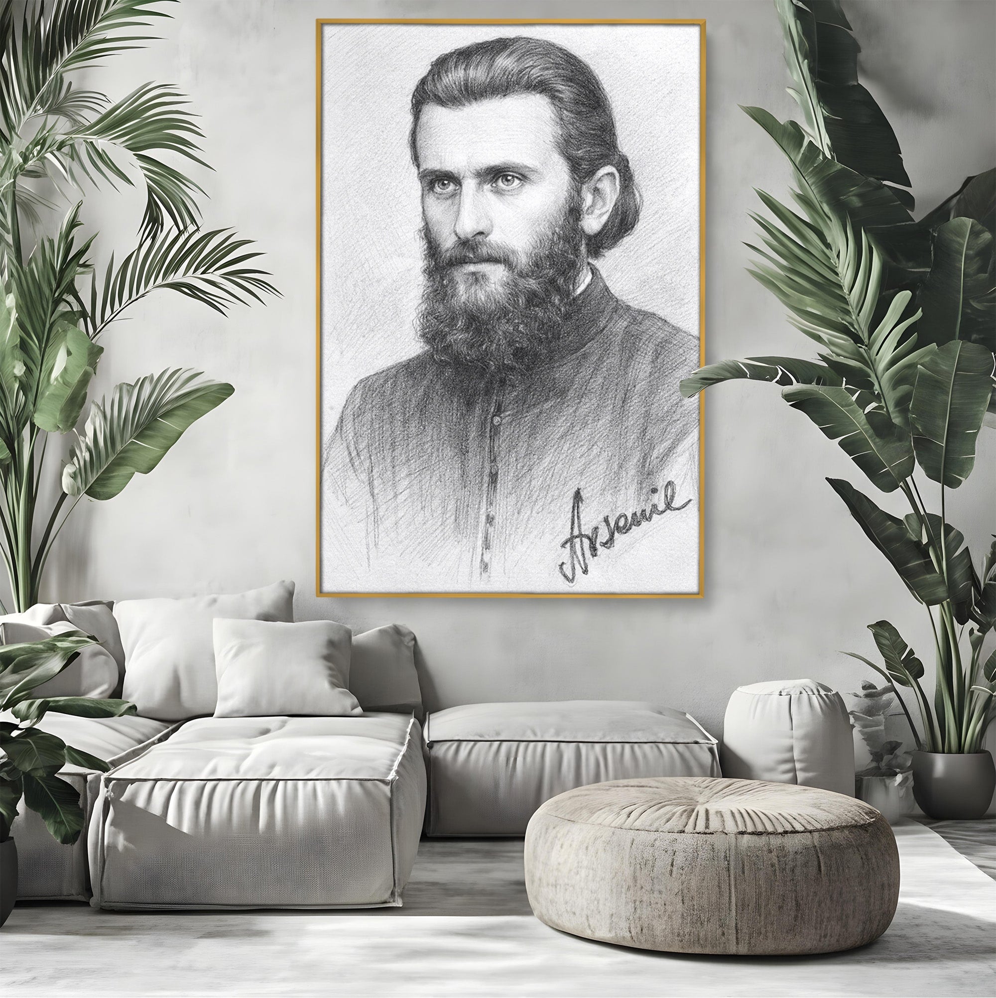 Tablou Canvas Premium LuxCanva® H1103, Portret Călugăr Contemplativ, Portret, Călugăr, Contemplativ, Artă, Birou, Culori Vibrante