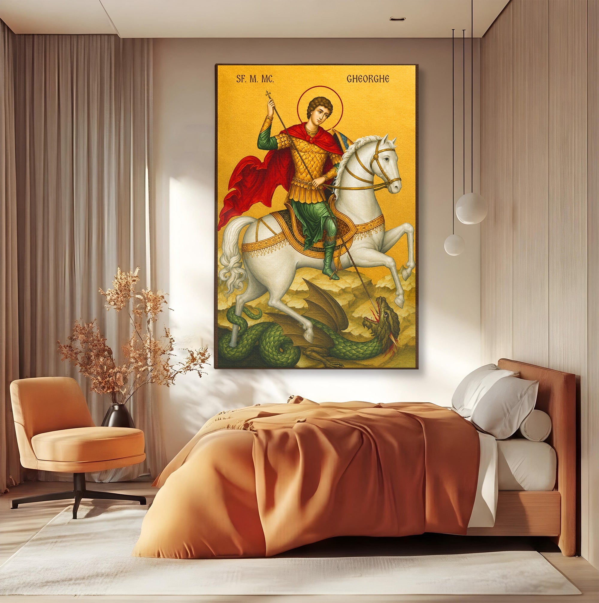 Tablou Canvas Premium LuxCanva® H1108, Sfantul Gheorghe Si Dragonul, Religie, Izbavire, Rugaciune, Credinta, Dormitor, Culori Vibrante