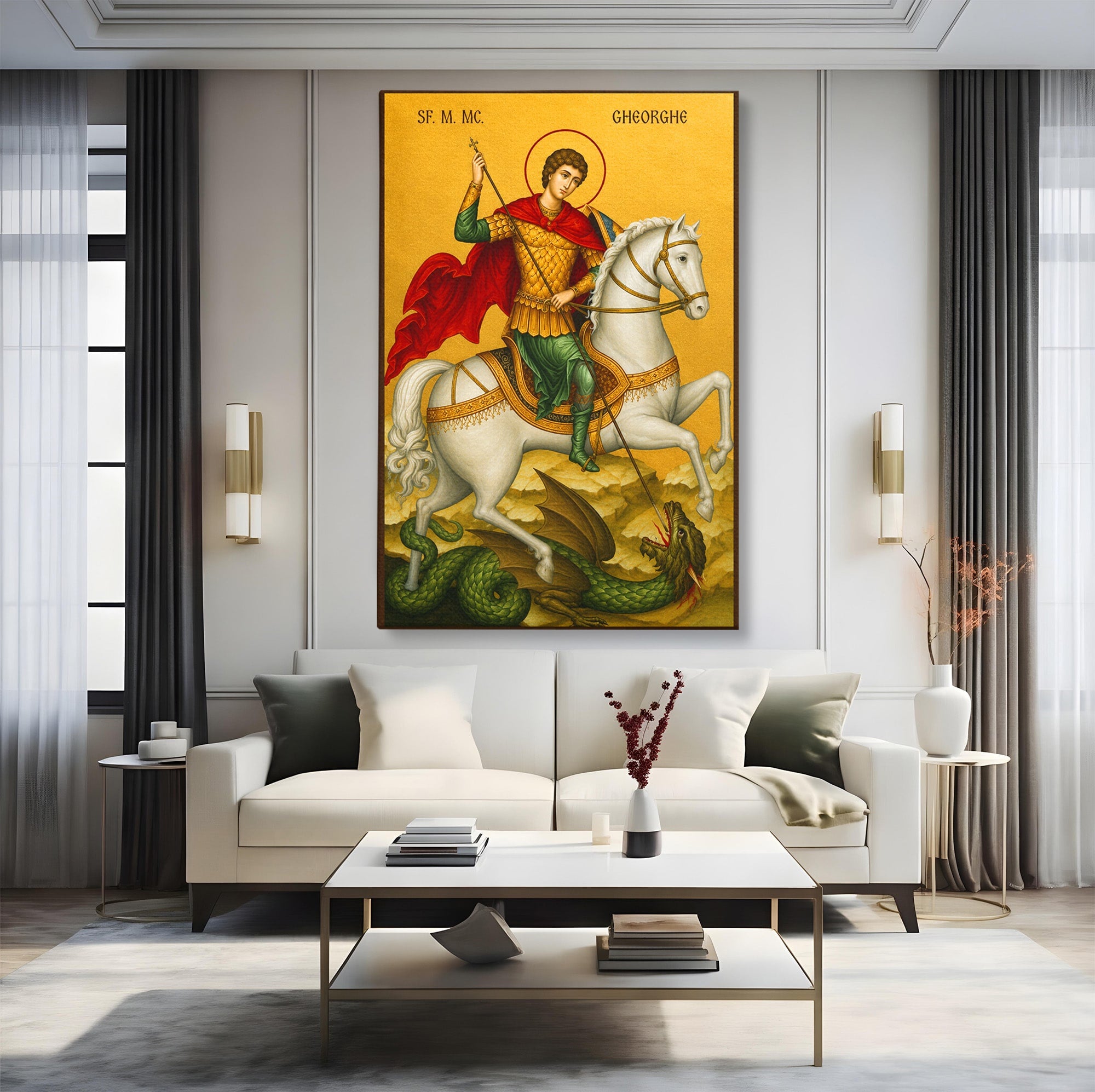 Tablou Canvas Premium LuxCanva® H1108, Sfantul Gheorghe Si Dragonul, Religie, Izbavire, Rugaciune, Credinta, Dormitor, Culori Vibrante
