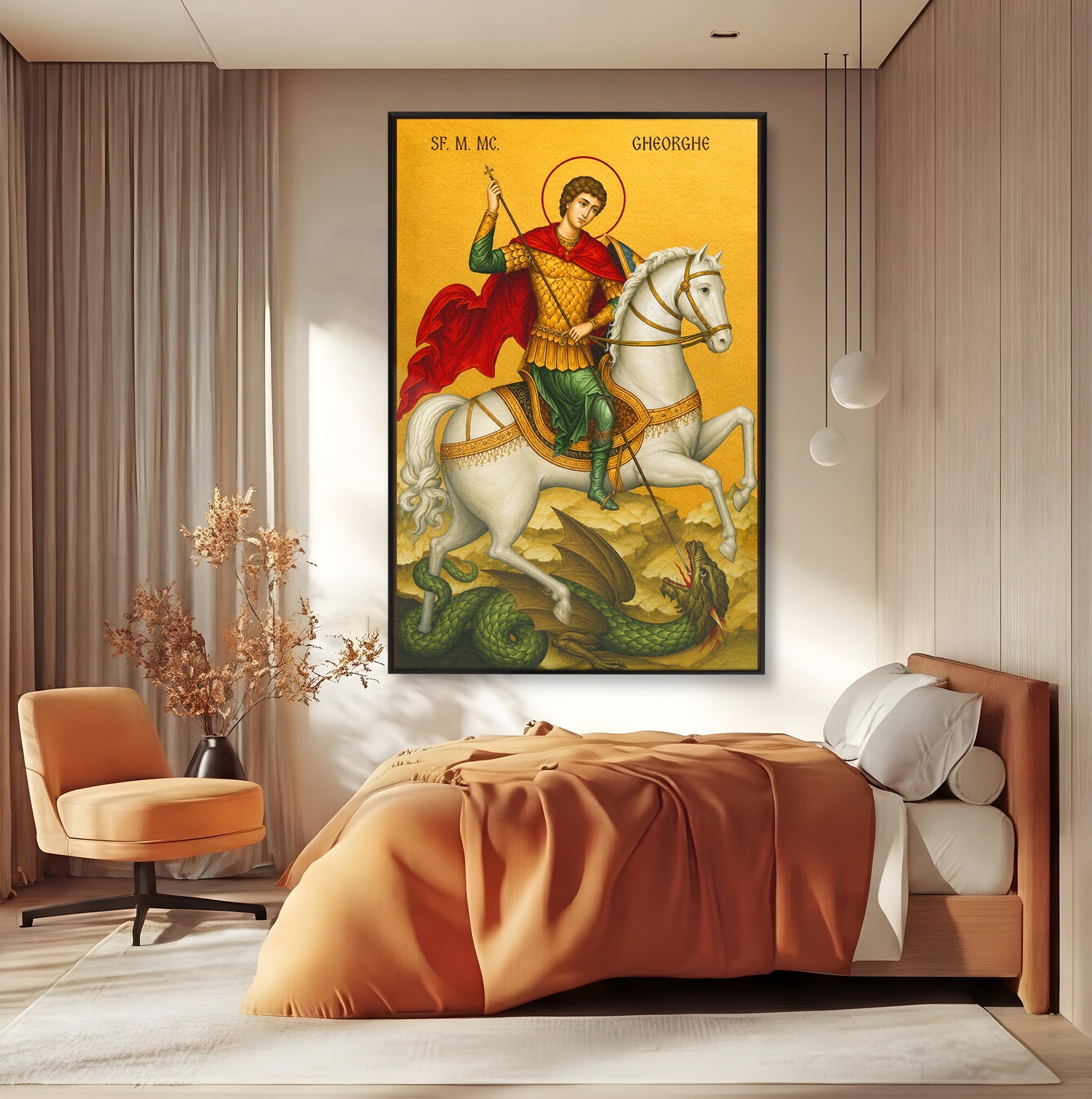 Tablou Canvas Premium LuxCanva® H1108, Sfantul Gheorghe Si Dragonul, Religie, Izbavire, Rugaciune, Credinta, Dormitor, Culori Vibrante