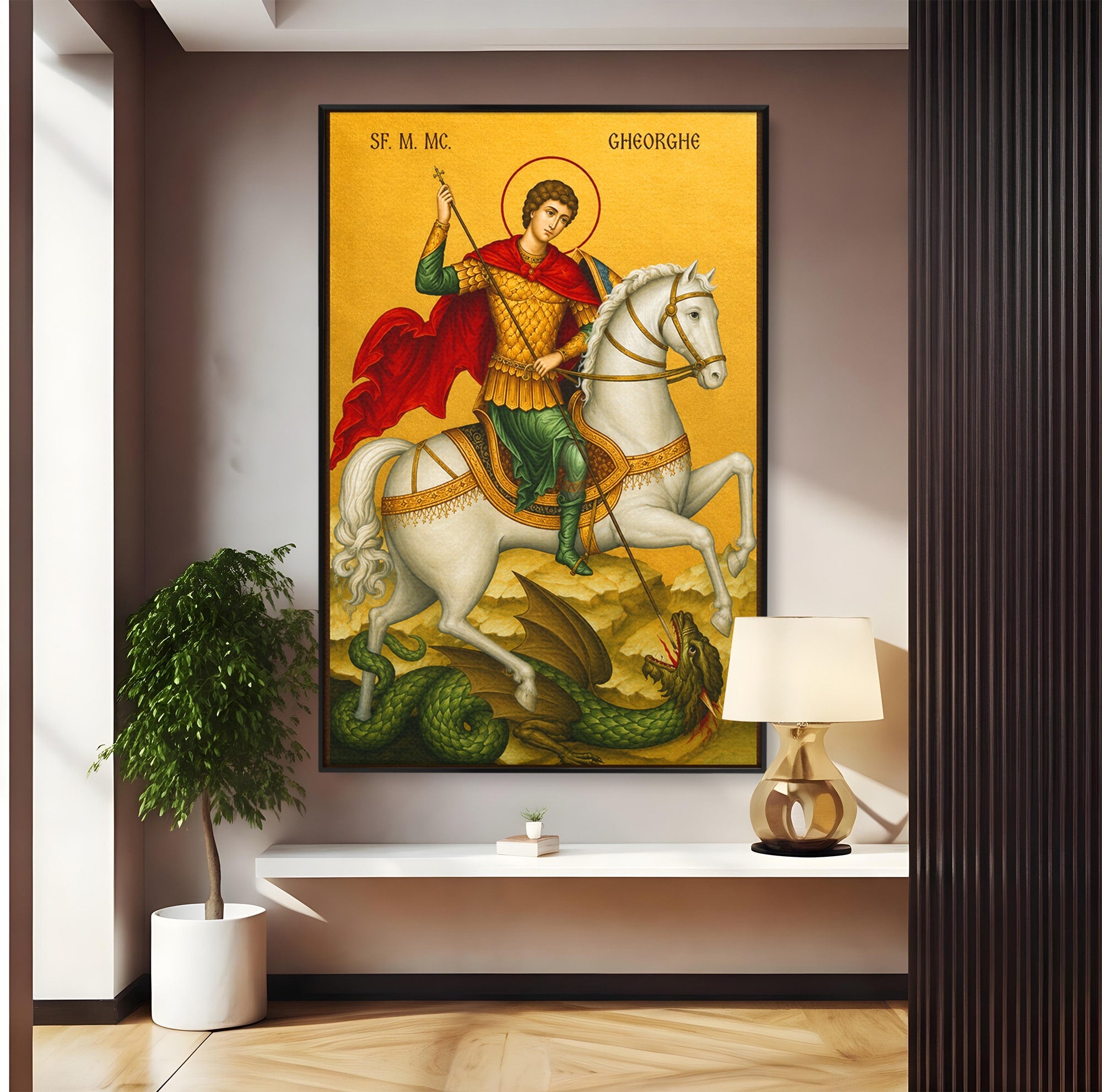 Tablou Canvas Premium LuxCanva® H1108, Sfantul Gheorghe Si Dragonul, Religie, Izbavire, Rugaciune, Credinta, Dormitor, Culori Vibrante