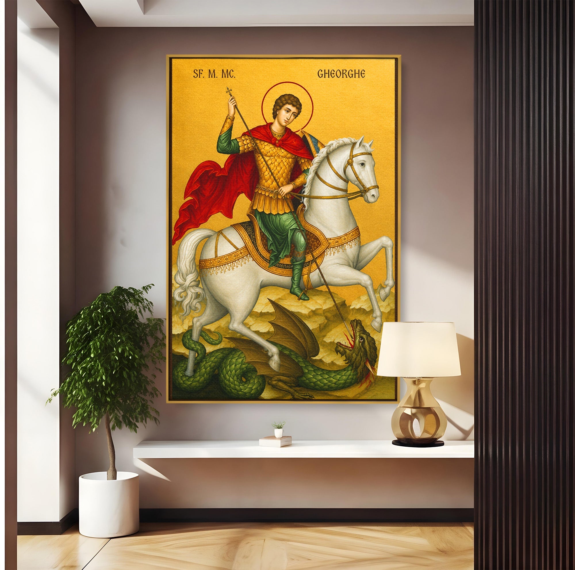 Tablou Canvas Premium LuxCanva® H1108, Sfantul Gheorghe Si Dragonul, Religie, Izbavire, Rugaciune, Credinta, Dormitor, Culori Vibrante