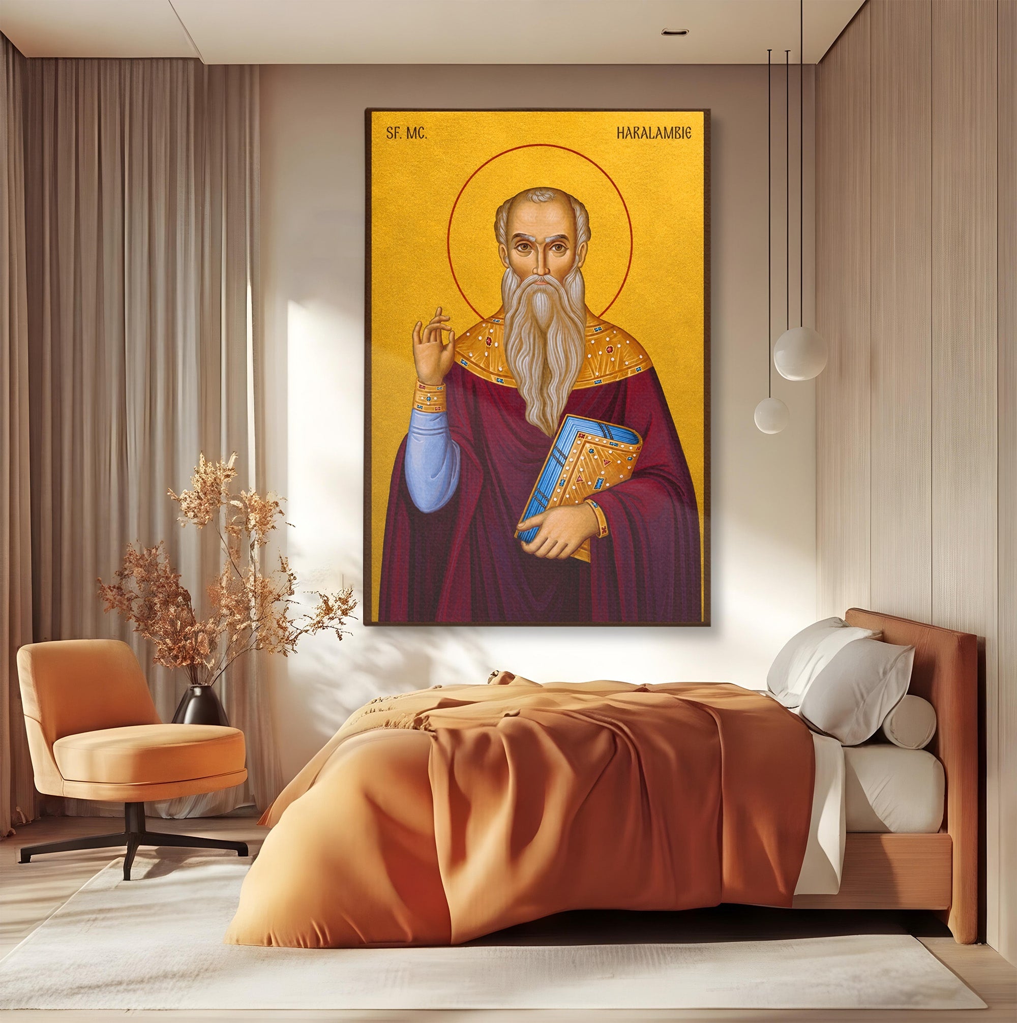 Tablou Canvas Premium LuxCanva® H1109, Sfantul Haralambie, Icoana, Religie, Spiritualitate, Minuni, Dormitor, Birou, Culori Vibrante