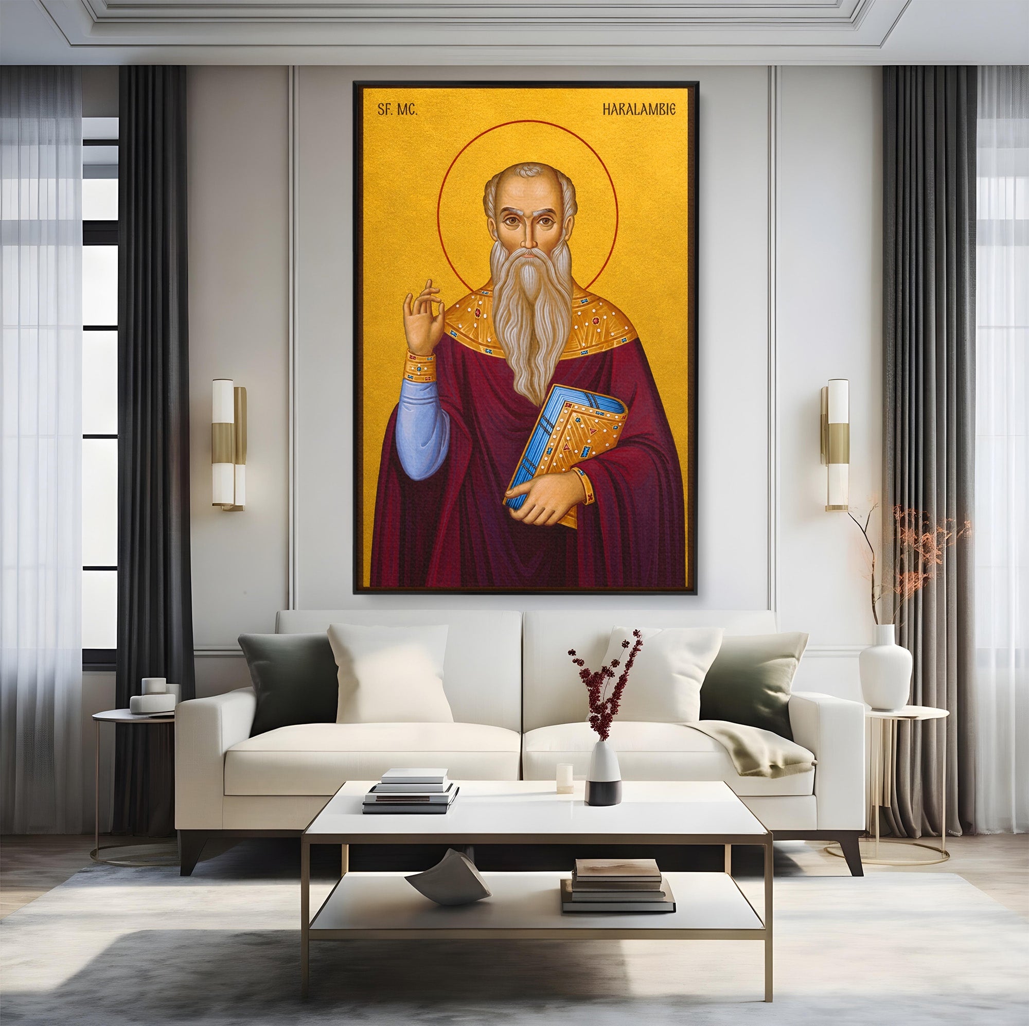 Tablou Canvas Premium LuxCanva® H1109, Sfantul Haralambie, Icoana, Religie, Spiritualitate, Minuni, Dormitor, Birou, Culori Vibrante