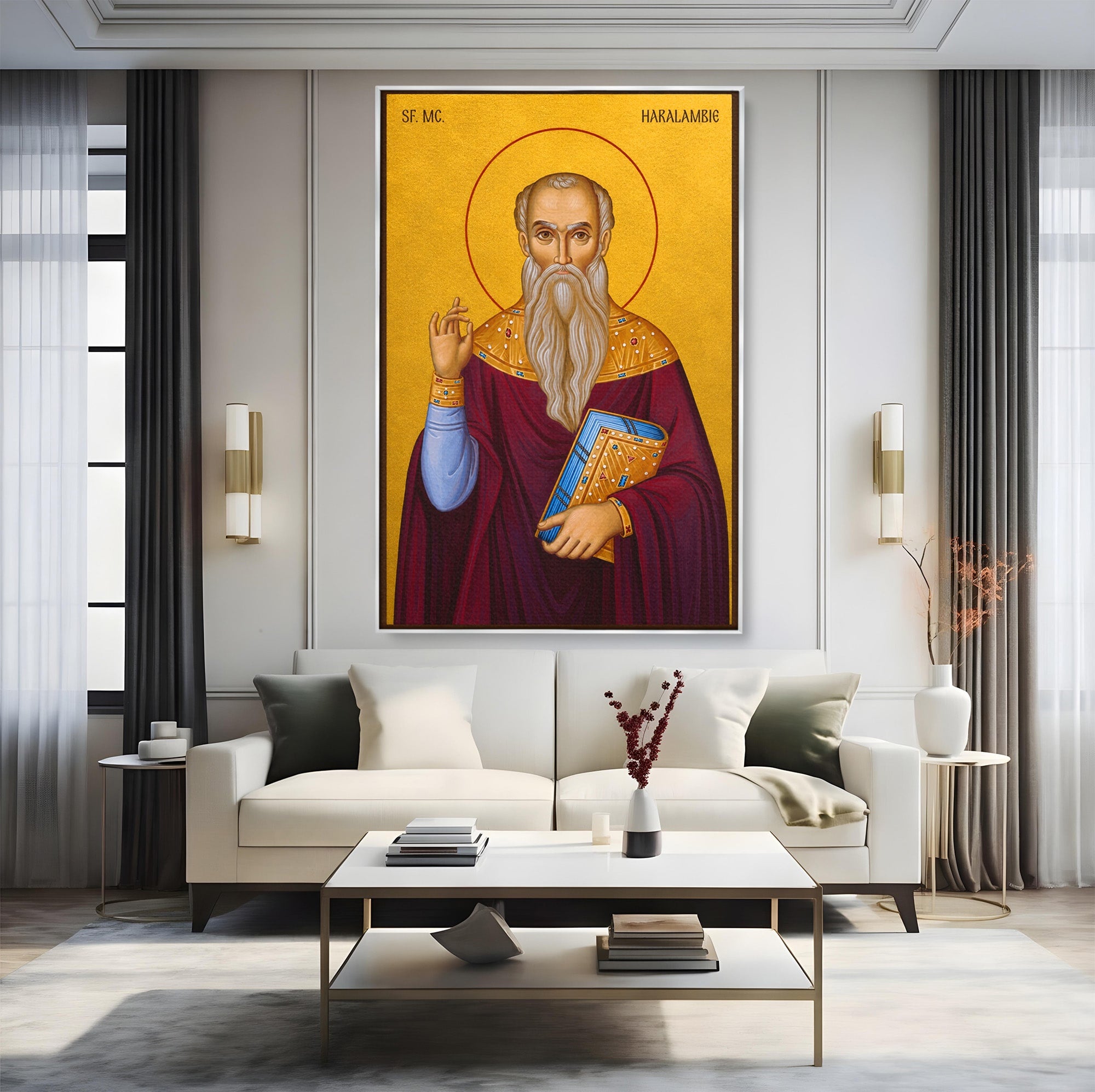 Tablou Canvas Premium LuxCanva® H1109, Sfantul Haralambie, Icoana, Religie, Spiritualitate, Minuni, Dormitor, Birou, Culori Vibrante