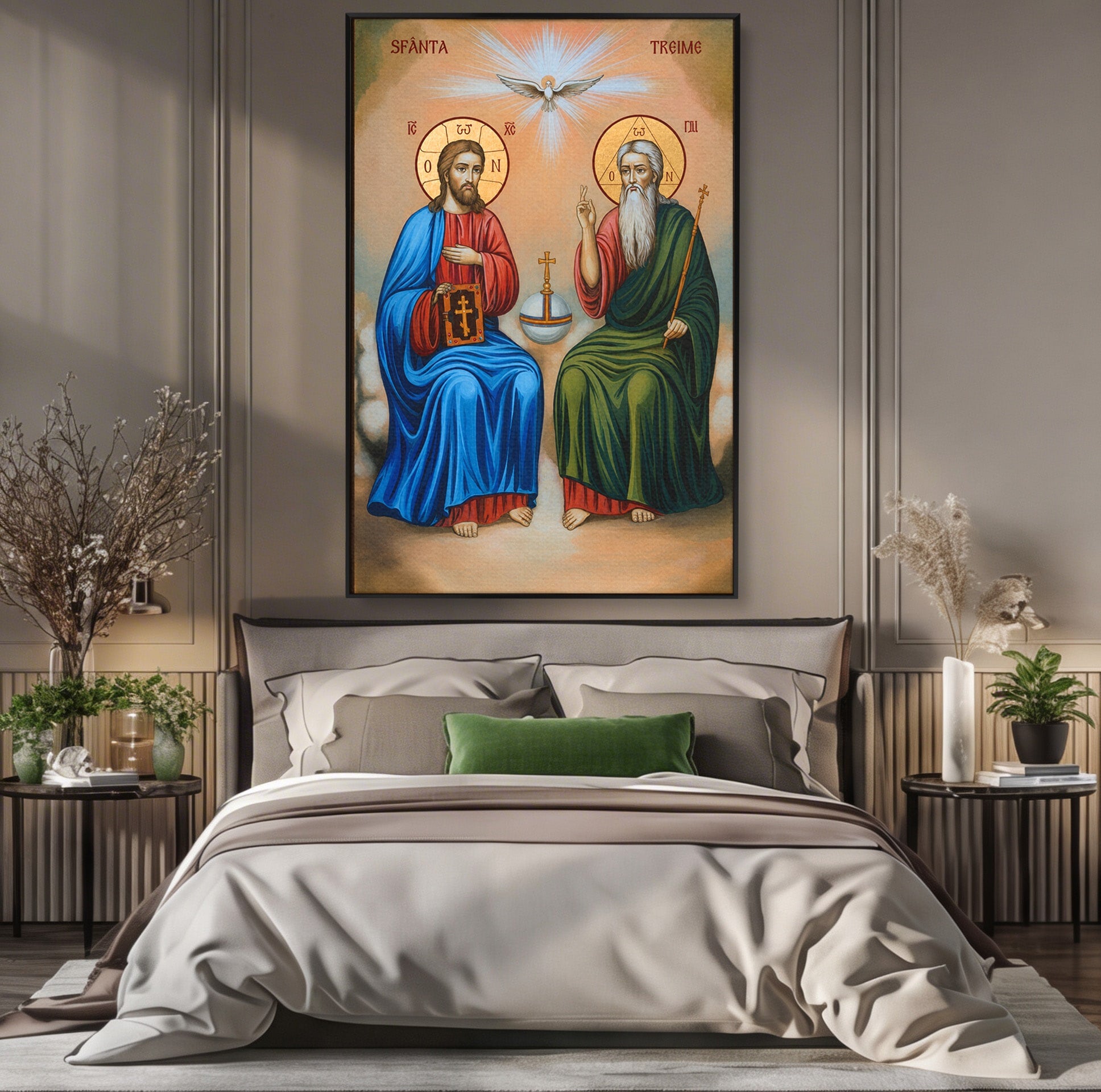 Tablou Canvas Premium LuxCanva® H1111, Sfanta Treime, Religie, Icoana, Spiritualitate, Sfinti, Living, Dormitor, Culori Vibrante