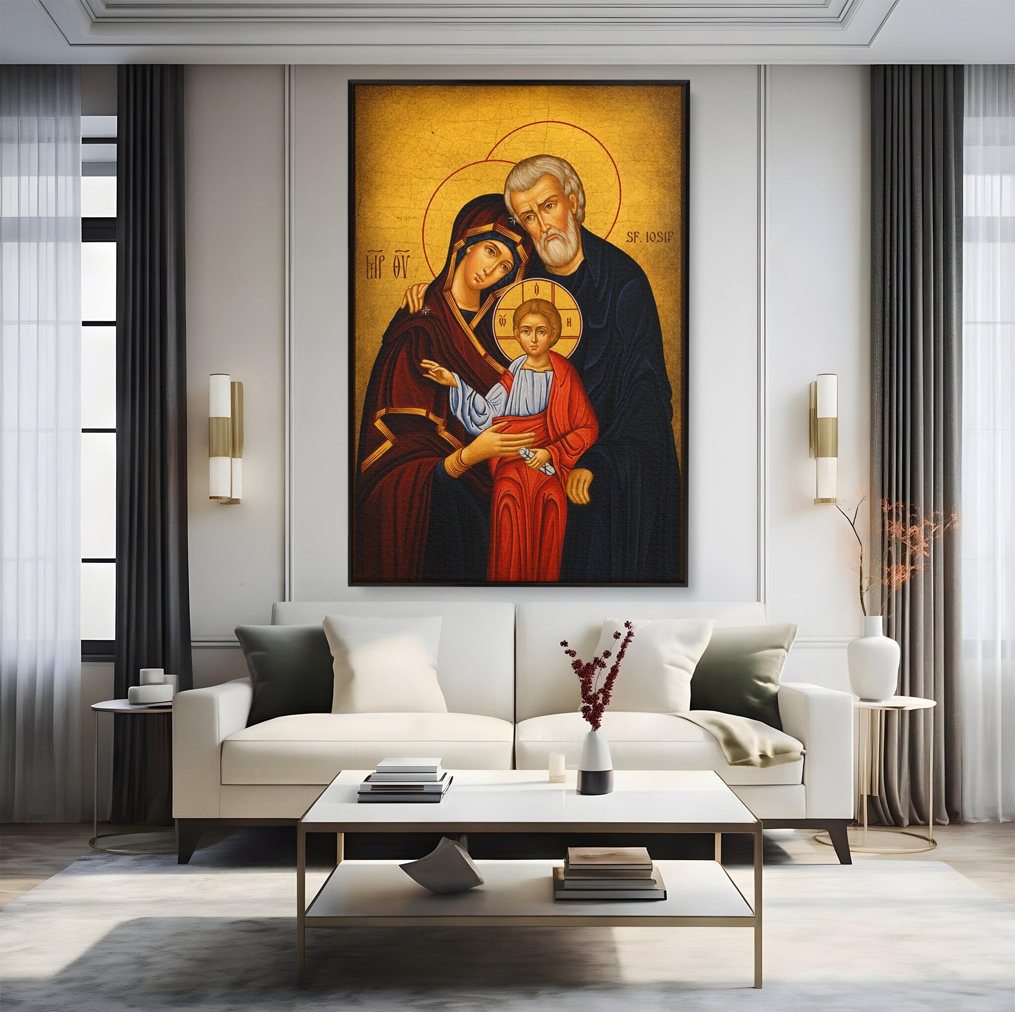 Tablou Canvas Premium LuxCanva® H1113, Binecuvântarea Sfintei Familii, Icoana, Religie, Spiritualitate, Sacru, Dormitor, Birou, Culori Vibrante