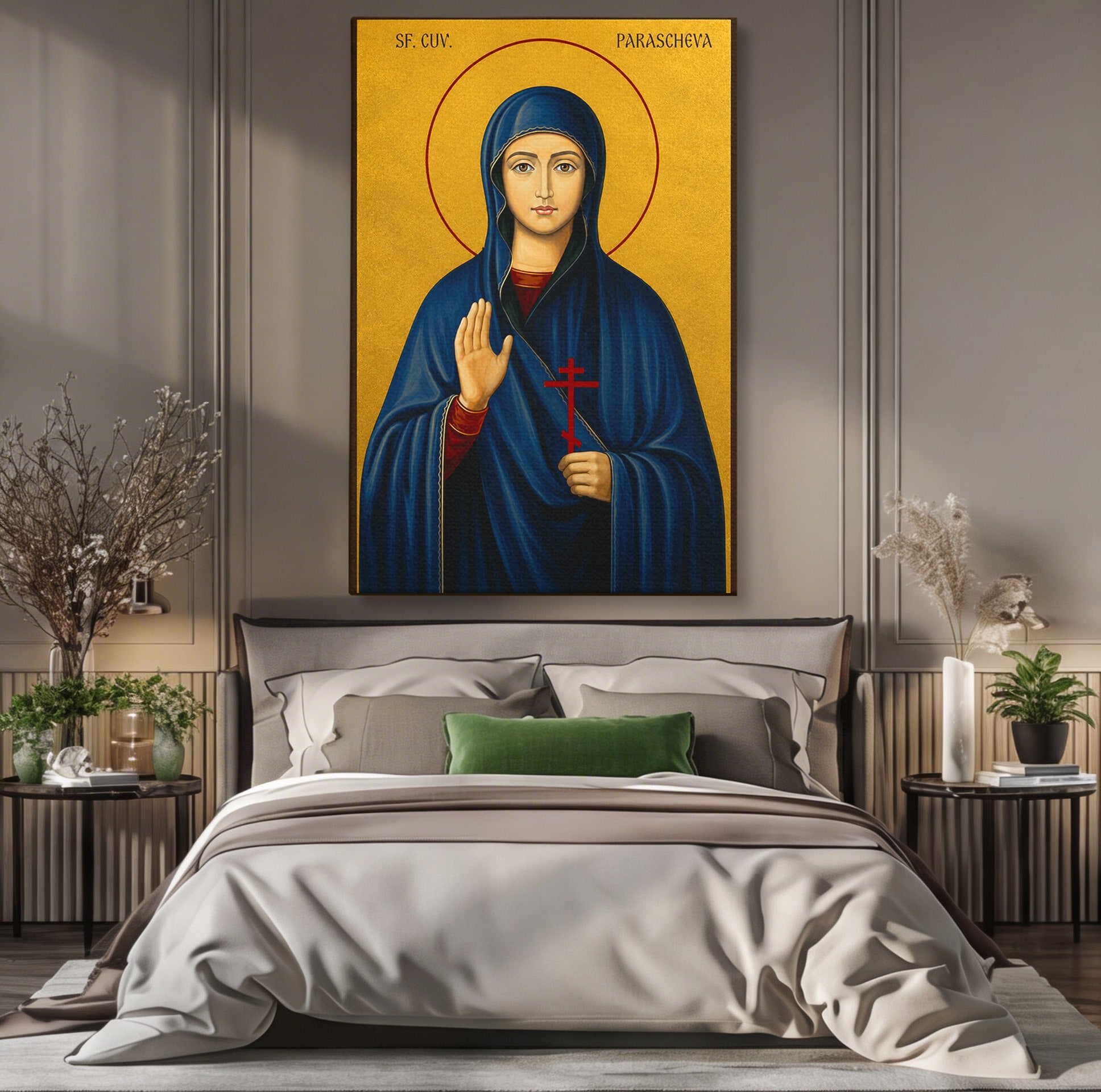 Tablou Canvas Premium LuxCanva® H1114, Sfanta Parascheva, Cuvioasa, Icoana, Ocrotitoare, Spiritualitate, Credinta, Dormitor, Culori Vibrante