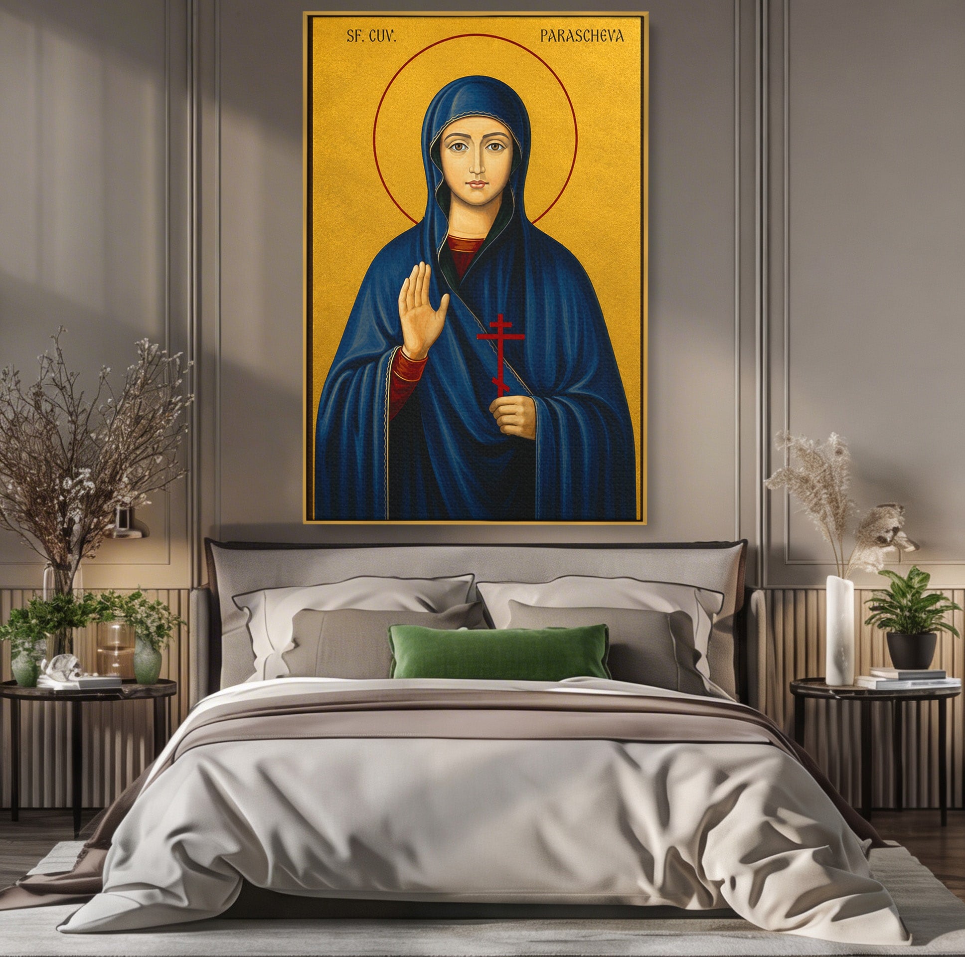 Tablou Canvas Premium LuxCanva® H1114, Sfanta Parascheva, Cuvioasa, Icoana, Ocrotitoare, Spiritualitate, Credinta, Dormitor, Culori Vibrante