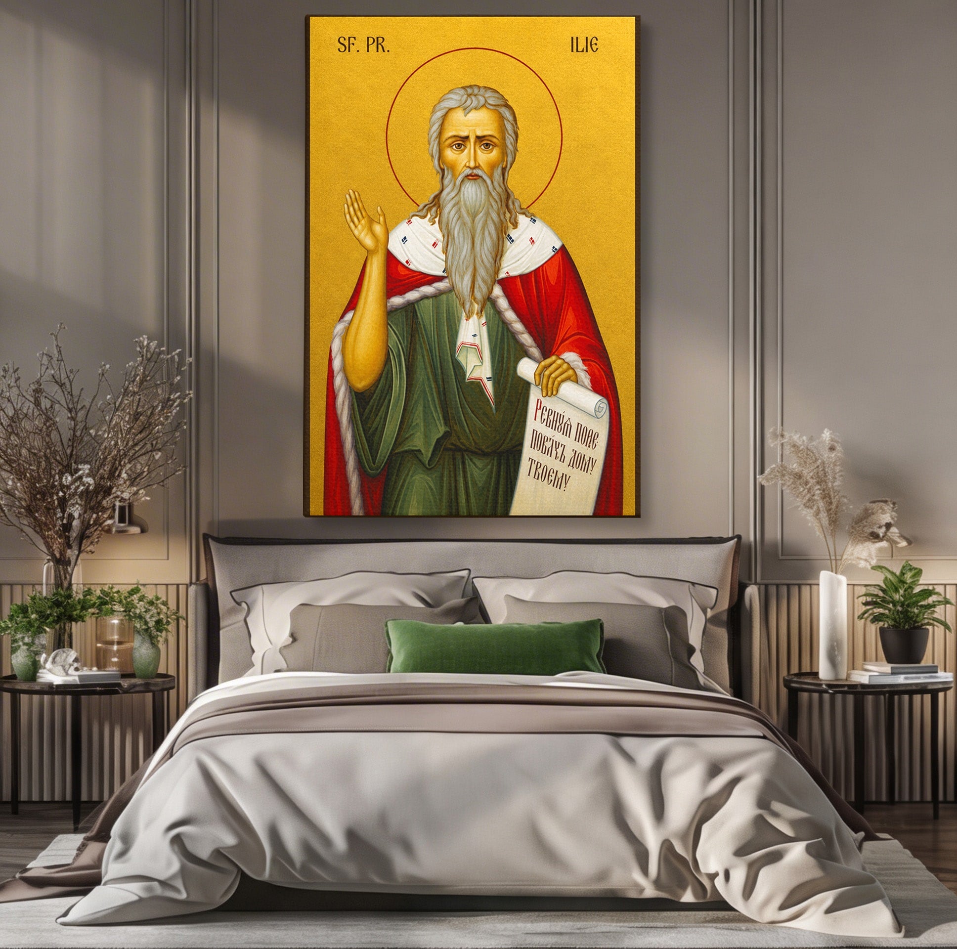 Tablou Canvas Premium LuxCanva® H1116, Sfantul Ilie, Car, Foc, Icoana, Ortodoxie, Proroc, Credinta, Birou, Culori Vibrante