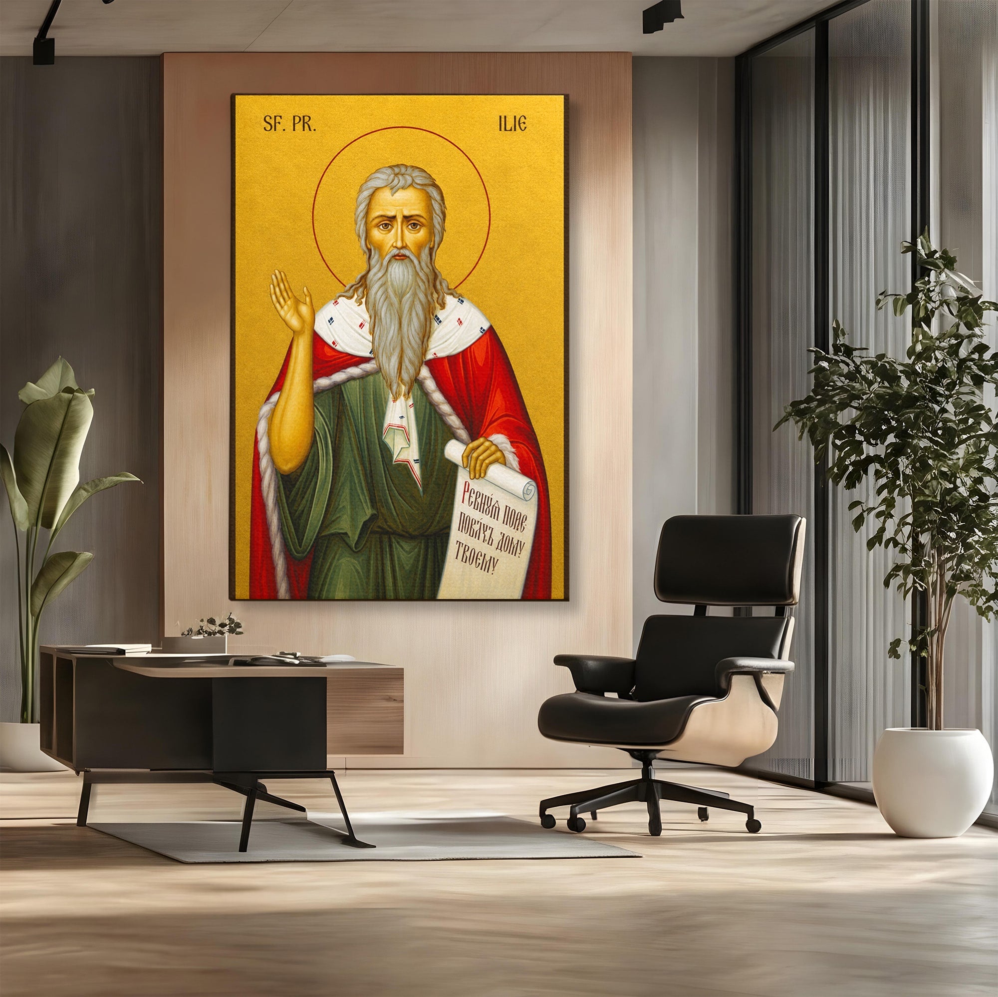 Tablou Canvas Premium LuxCanva® H1116, Sfantul Ilie, Car, Foc, Icoana, Ortodoxie, Proroc, Credinta, Birou, Culori Vibrante