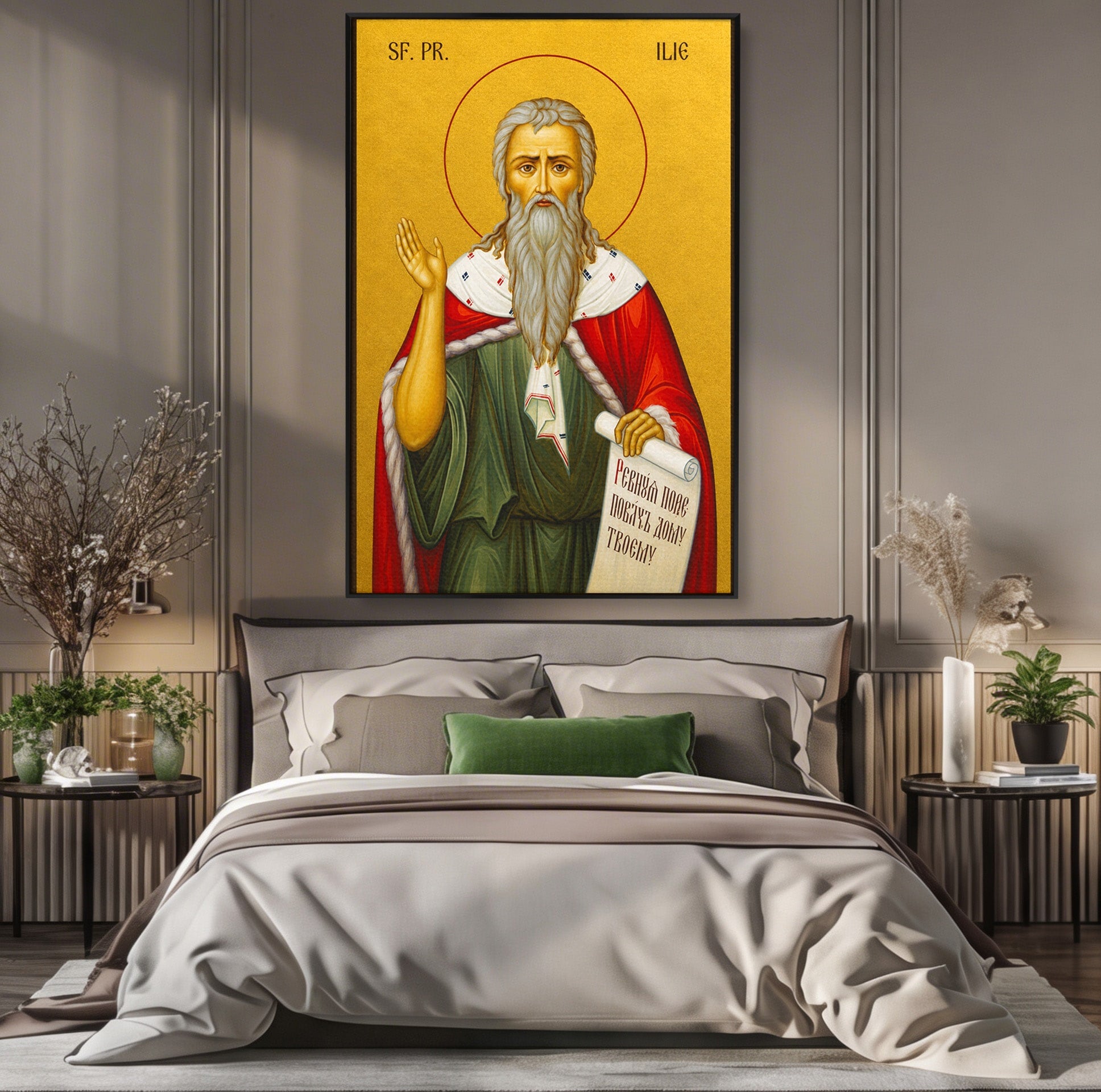 Tablou Canvas Premium LuxCanva® H1116, Sfantul Ilie, Car, Foc, Icoana, Ortodoxie, Proroc, Credinta, Birou, Culori Vibrante