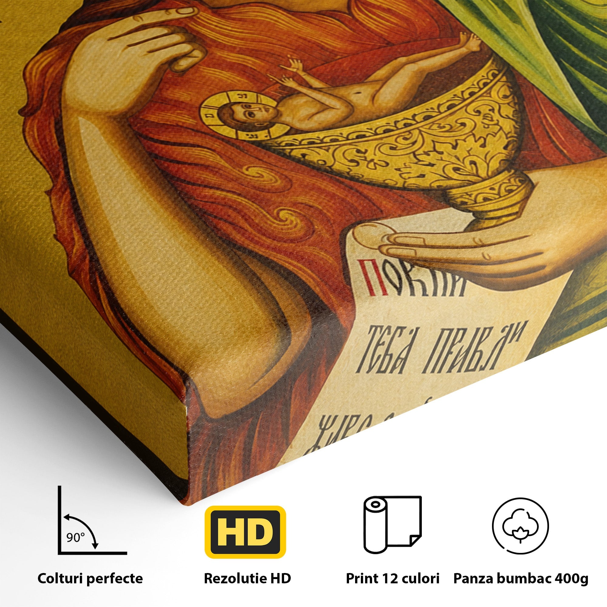 Tablou Canvas Premium LuxCanva® H1117, Sfantul Ioan Botezatorul, Înaintemergător, Dumnezeu, Icoana, Sfintenie, Spiritualitate, Aur, Dormitor, Birou, Culori Vibrante
