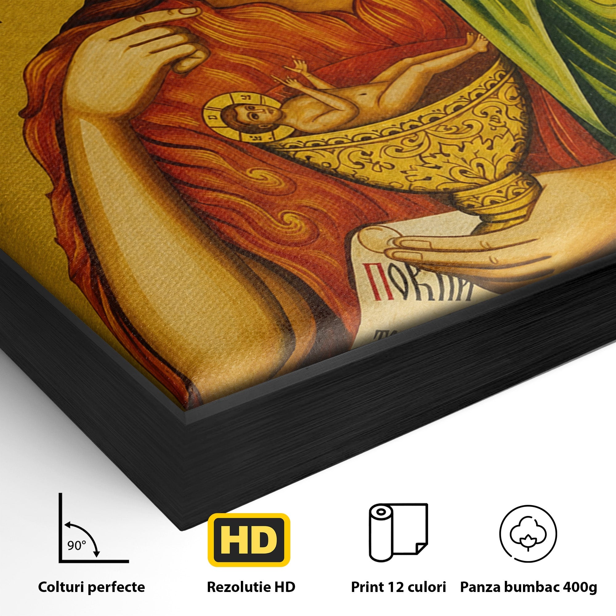 Tablou Canvas Premium LuxCanva® H1117, Sfantul Ioan Botezatorul, Înaintemergător, Dumnezeu, Icoana, Sfintenie, Spiritualitate, Aur, Dormitor, Birou, Culori Vibrante