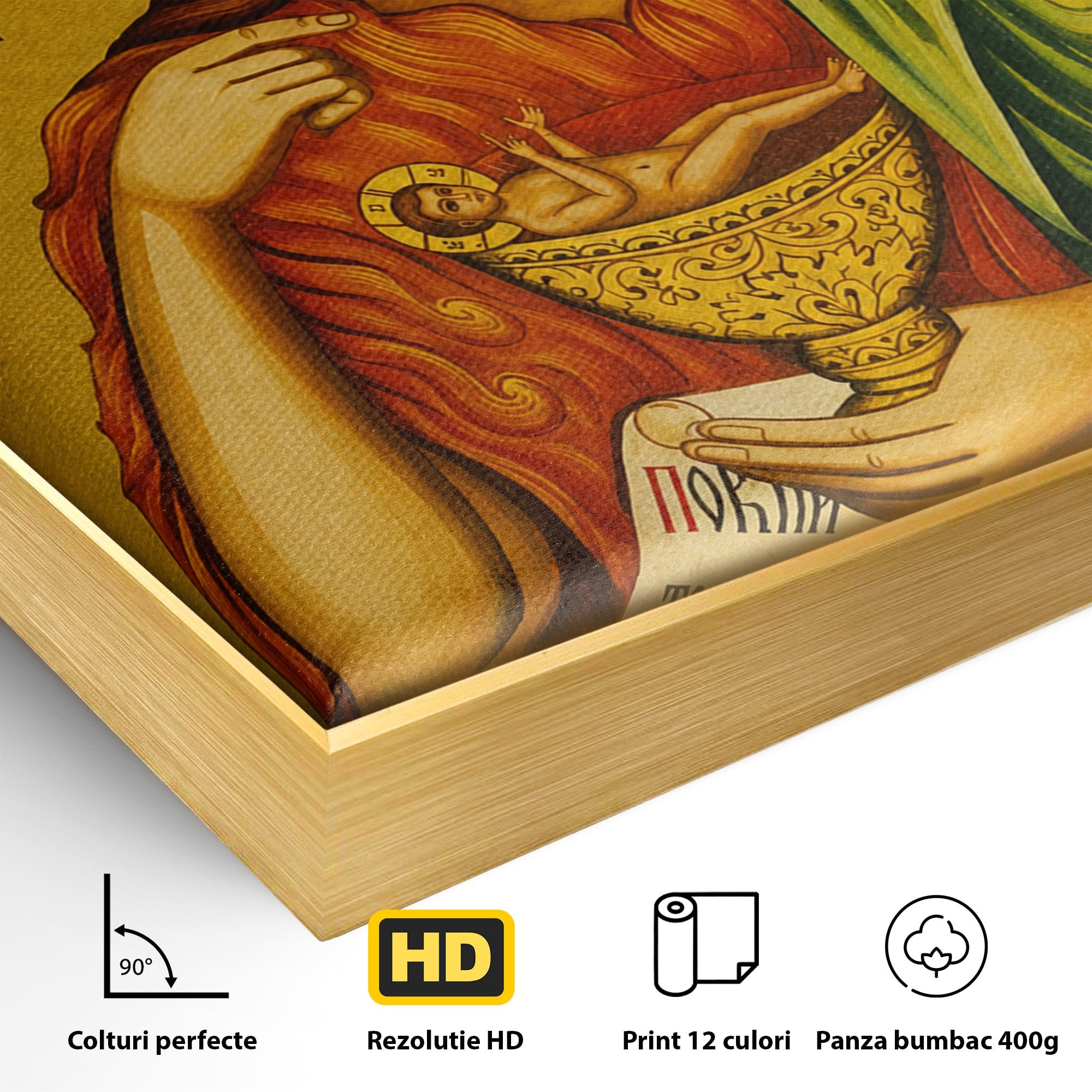 Tablou Canvas Premium LuxCanva® H1117, Sfantul Ioan Botezatorul, Înaintemergător, Dumnezeu, Icoana, Sfintenie, Spiritualitate, Aur, Dormitor, Birou, Culori Vibrante