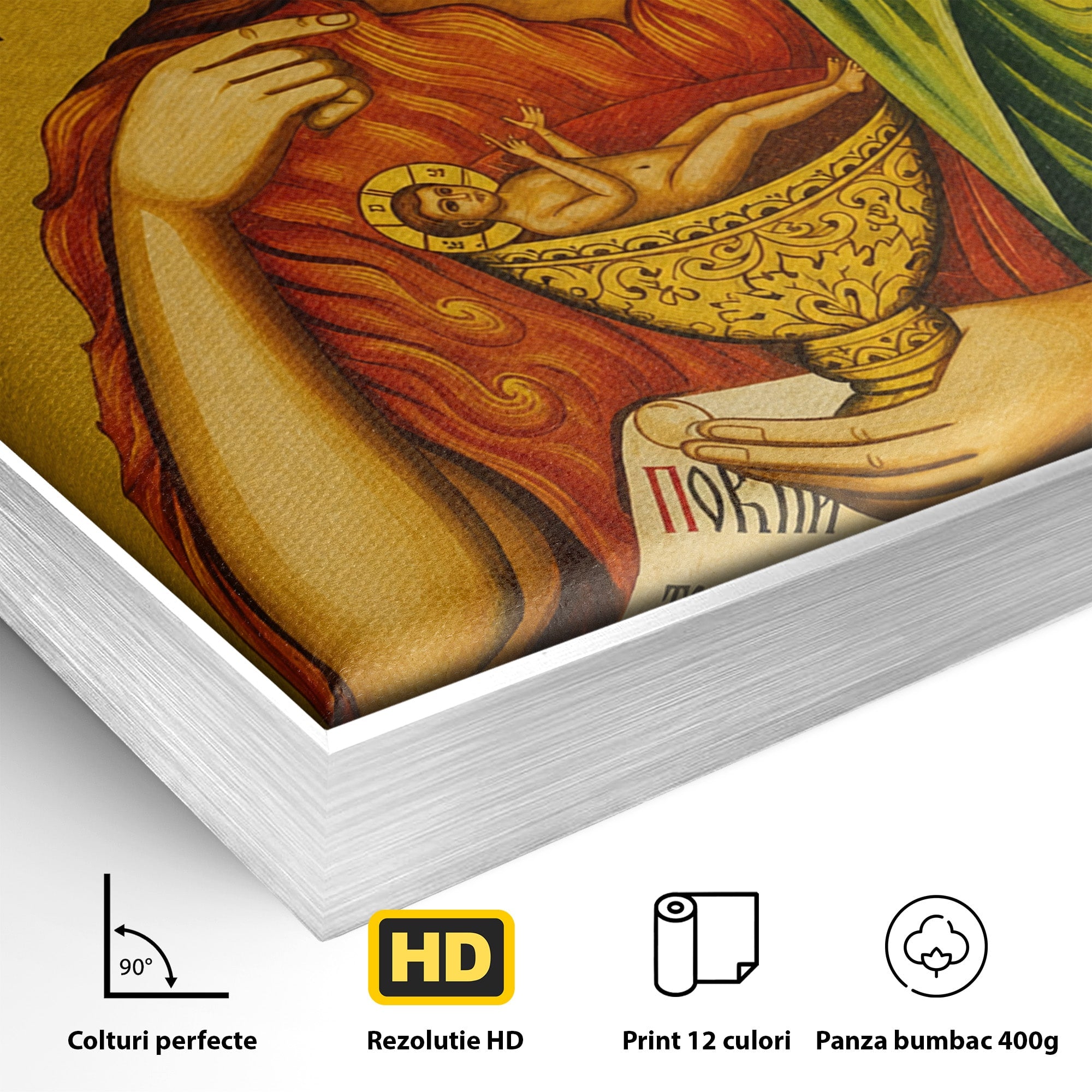 Tablou Canvas Premium LuxCanva® H1117, Sfantul Ioan Botezatorul, Înaintemergător, Dumnezeu, Icoana, Sfintenie, Spiritualitate, Aur, Dormitor, Birou, Culori Vibrante