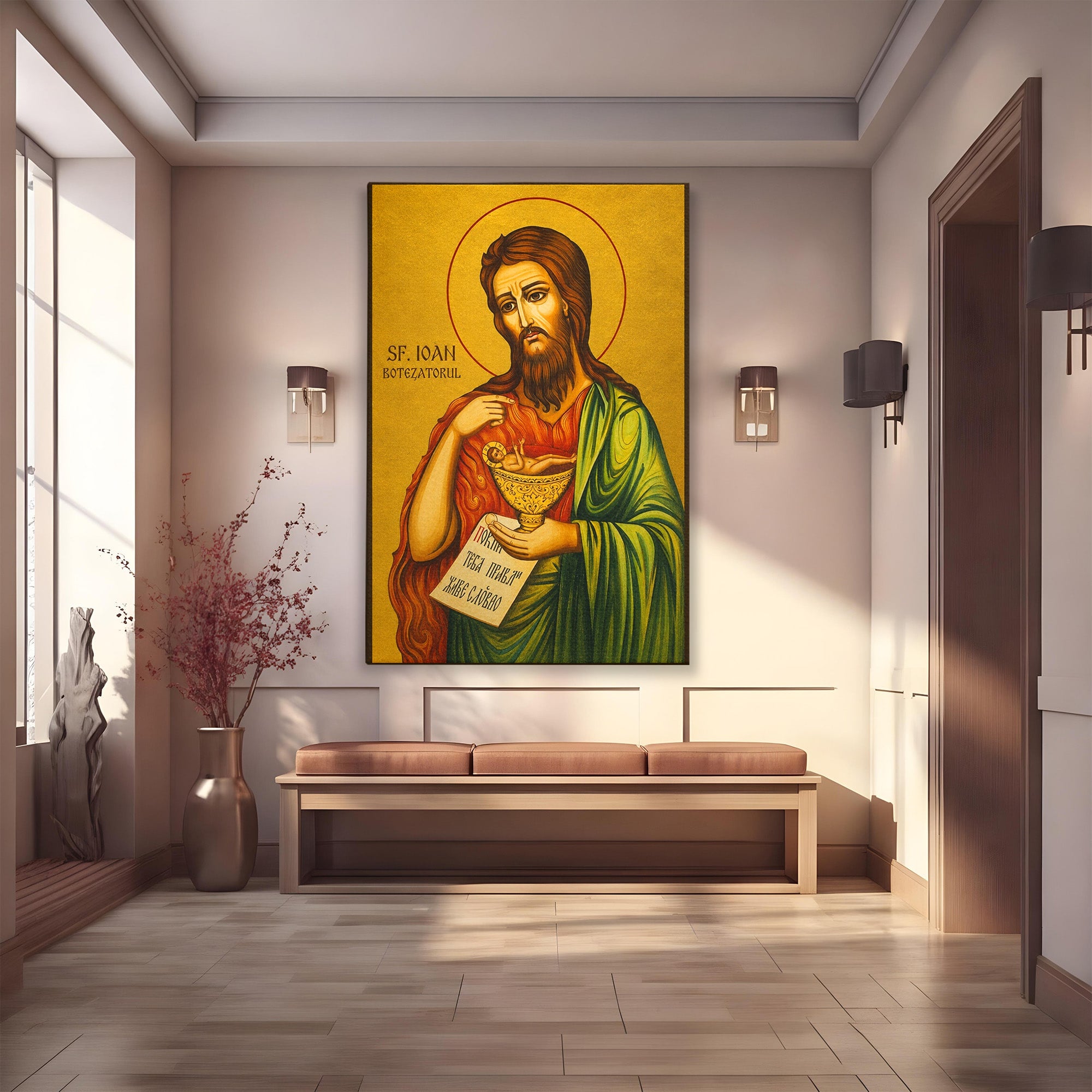 Tablou Canvas Premium LuxCanva® H1117, Sfantul Ioan Botezatorul, Înaintemergător, Dumnezeu, Icoana, Sfintenie, Spiritualitate, Aur, Dormitor, Birou, Culori Vibrante