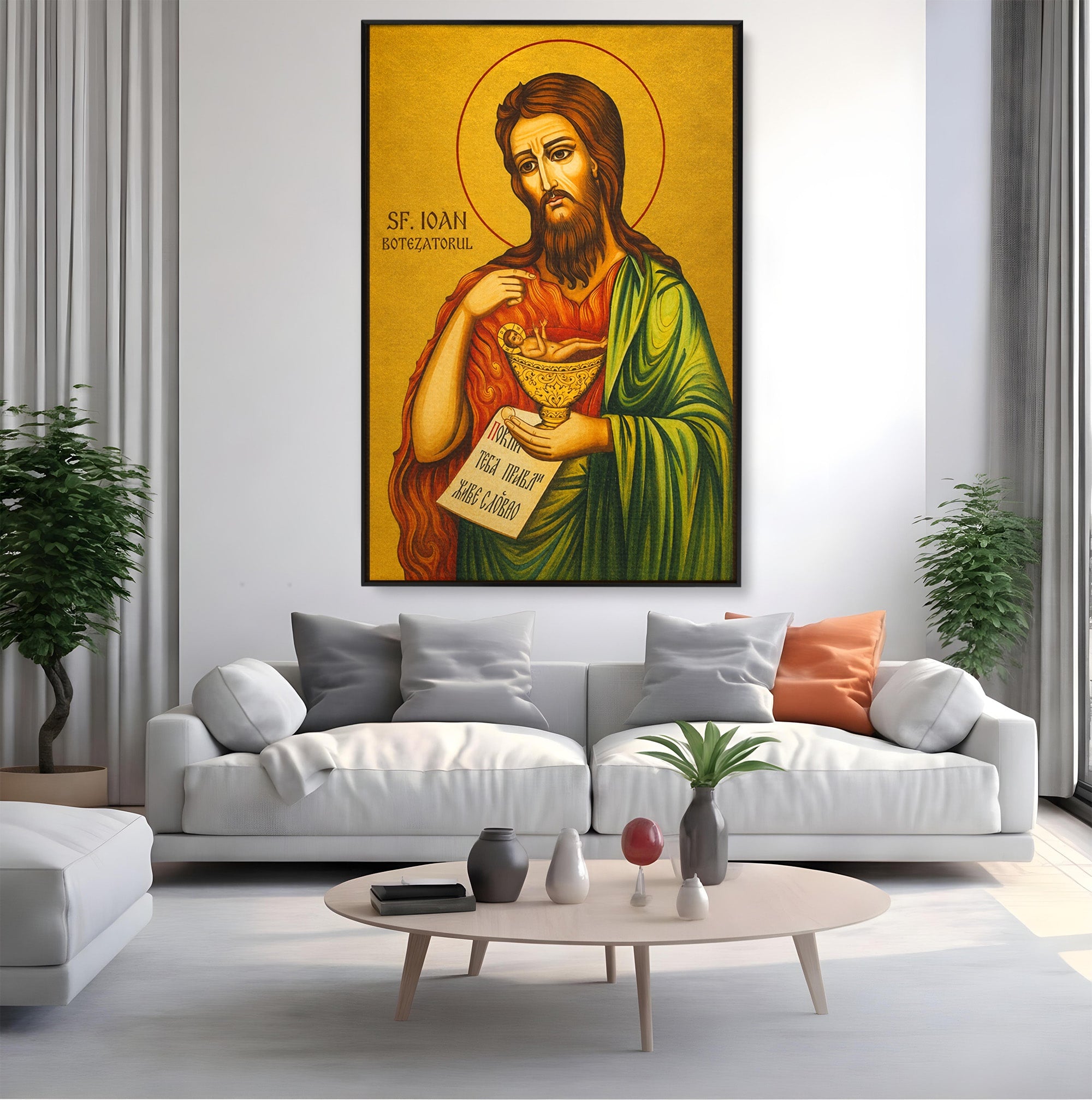 Tablou Canvas Premium LuxCanva® H1117, Sfantul Ioan Botezatorul, Înaintemergător, Dumnezeu, Icoana, Sfintenie, Spiritualitate, Aur, Dormitor, Birou, Culori Vibrante