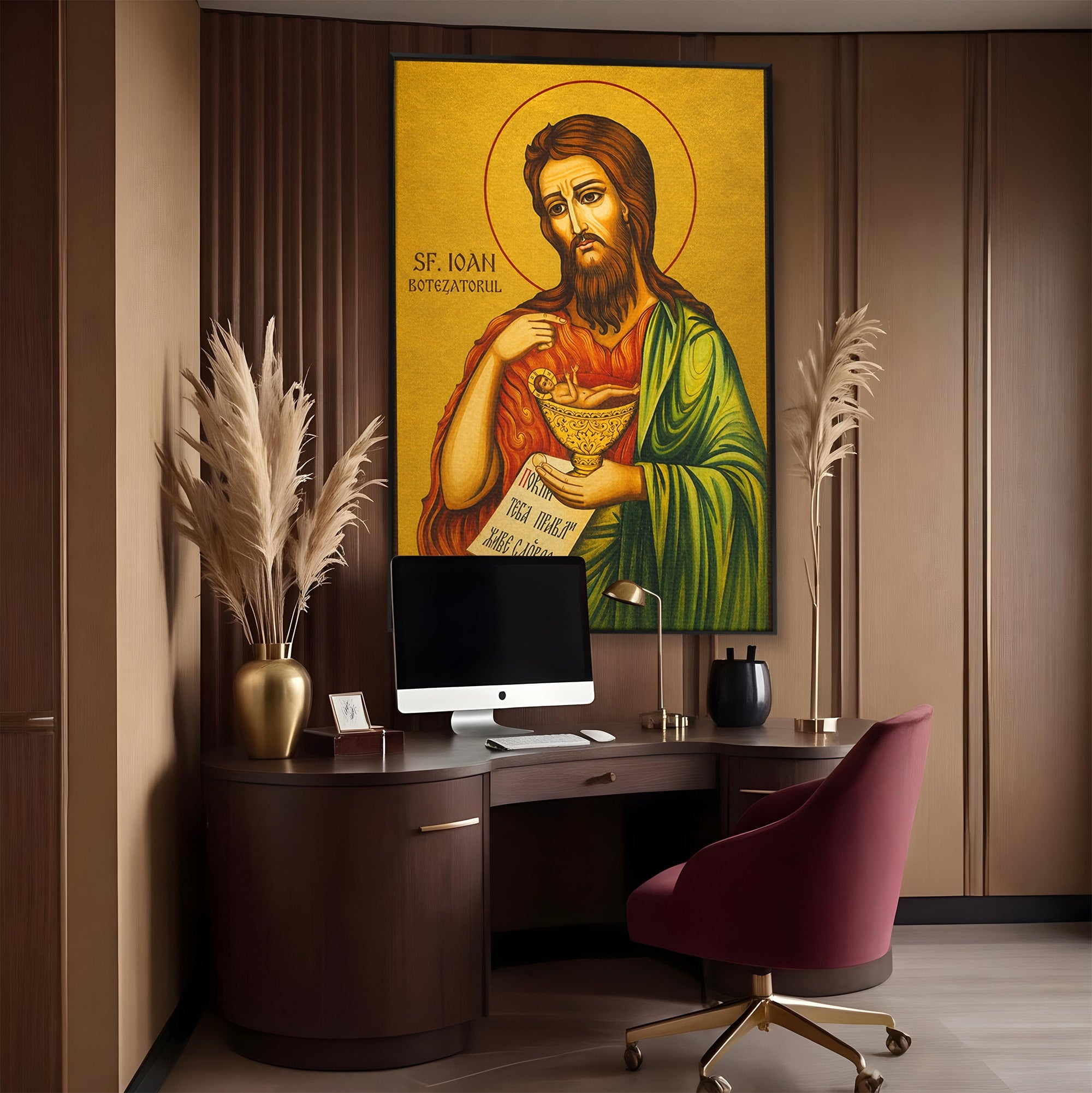 Tablou Canvas Premium LuxCanva® H1117, Sfantul Ioan Botezatorul, Înaintemergător, Dumnezeu, Icoana, Sfintenie, Spiritualitate, Aur, Dormitor, Birou, Culori Vibrante