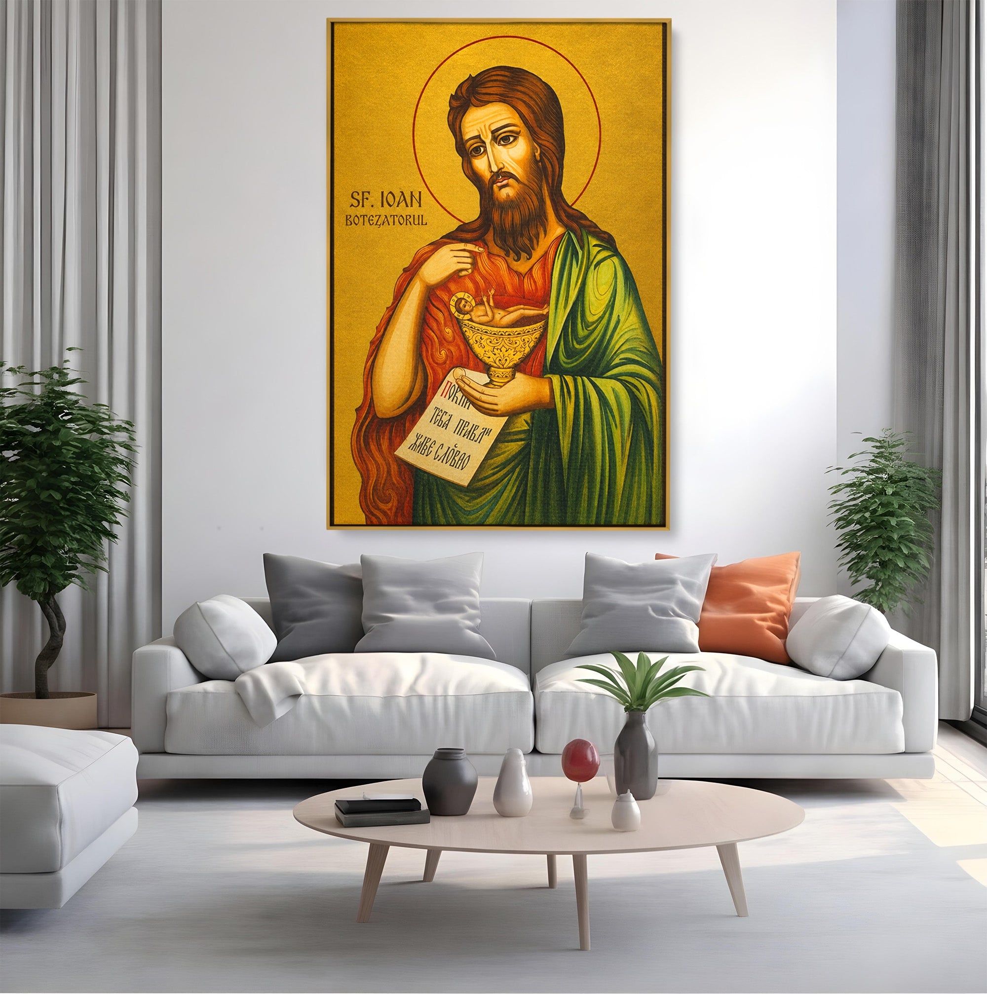 Tablou Canvas Premium LuxCanva® H1117, Sfantul Ioan Botezatorul, Înaintemergător, Dumnezeu, Icoana, Sfintenie, Spiritualitate, Aur, Dormitor, Birou, Culori Vibrante