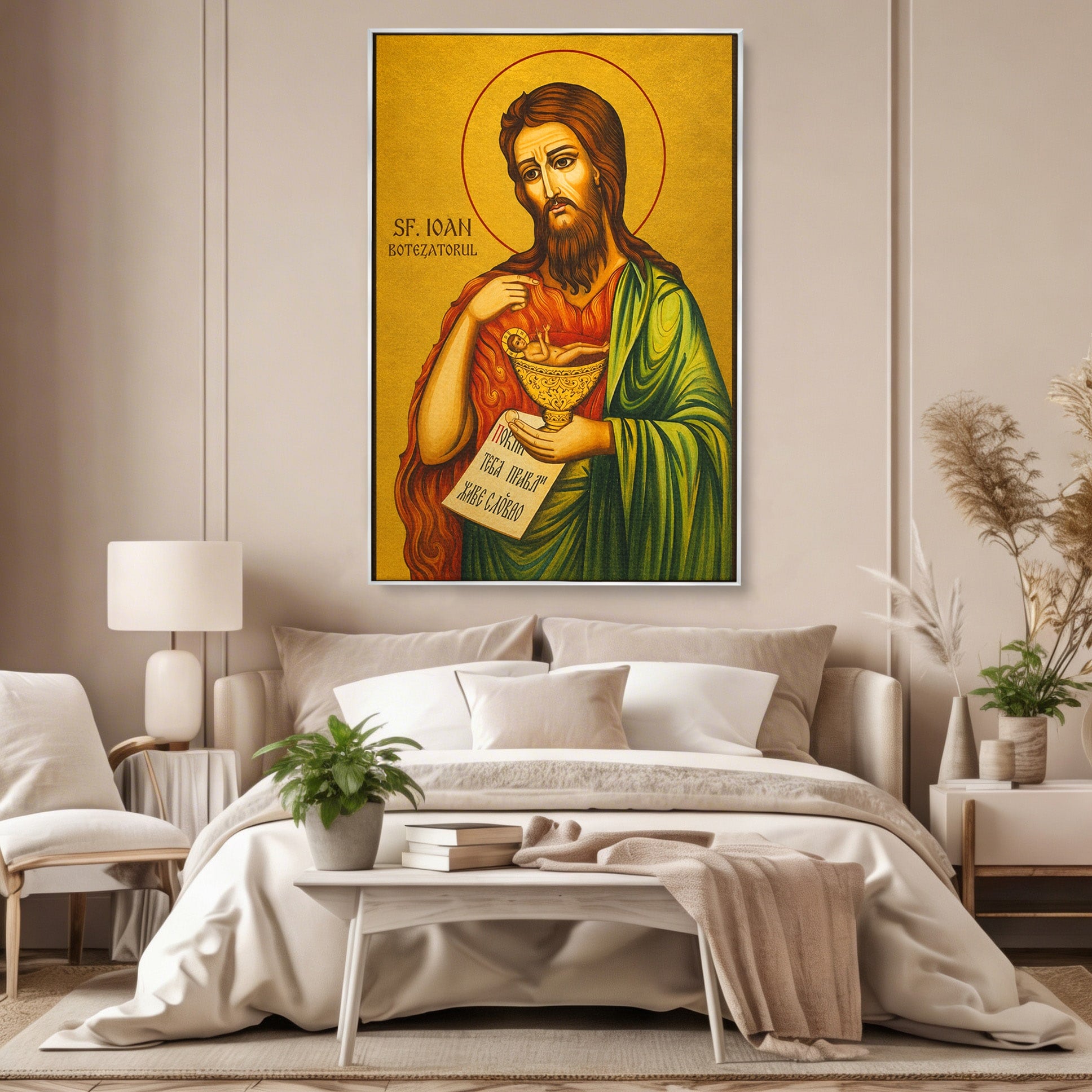 Tablou Canvas Premium LuxCanva® H1117, Sfantul Ioan Botezatorul, Înaintemergător, Dumnezeu, Icoana, Sfintenie, Spiritualitate, Aur, Dormitor, Birou, Culori Vibrante