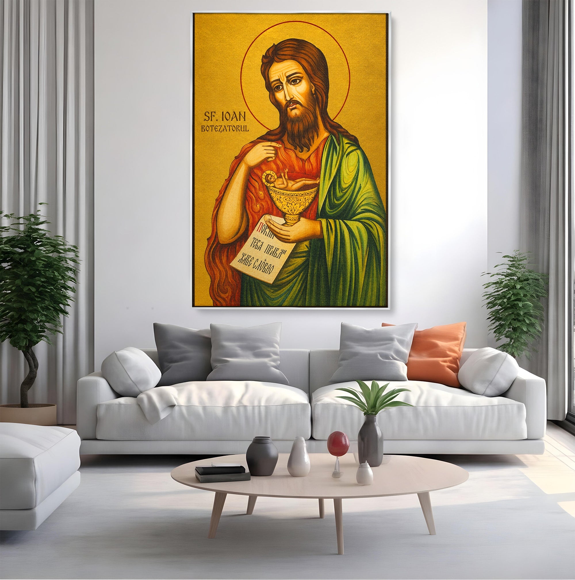 Tablou Canvas Premium LuxCanva® H1117, Sfantul Ioan Botezatorul, Înaintemergător, Dumnezeu, Icoana, Sfintenie, Spiritualitate, Aur, Dormitor, Birou, Culori Vibrante