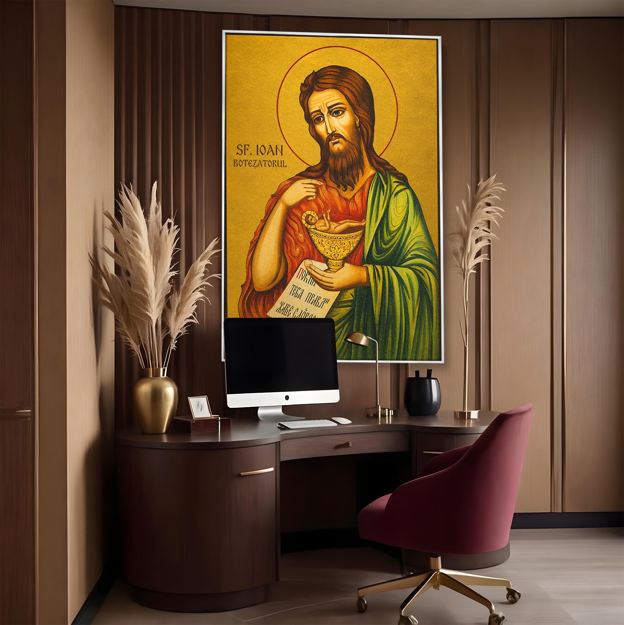 Tablou Canvas Premium LuxCanva® H1117, Sfantul Ioan Botezatorul, Înaintemergător, Dumnezeu, Icoana, Sfintenie, Spiritualitate, Aur, Dormitor, Birou, Culori Vibrante