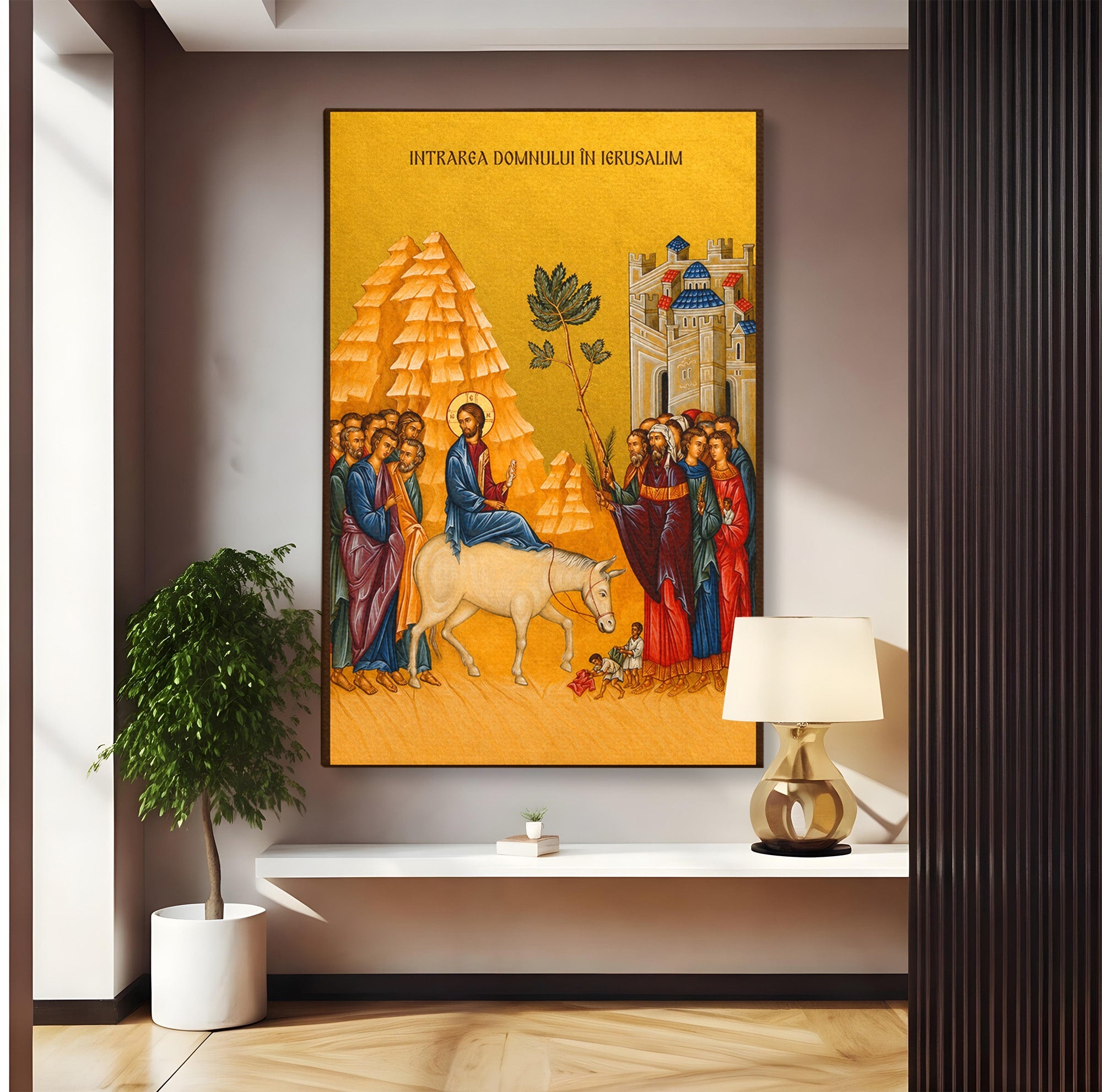 Tablou Canvas Premium LuxCanva® H1118, Intrarea Domnului In Ierusalim, Icoana, Florii, Smerenie, Credinta, Pace, Living, Culori Vibrante