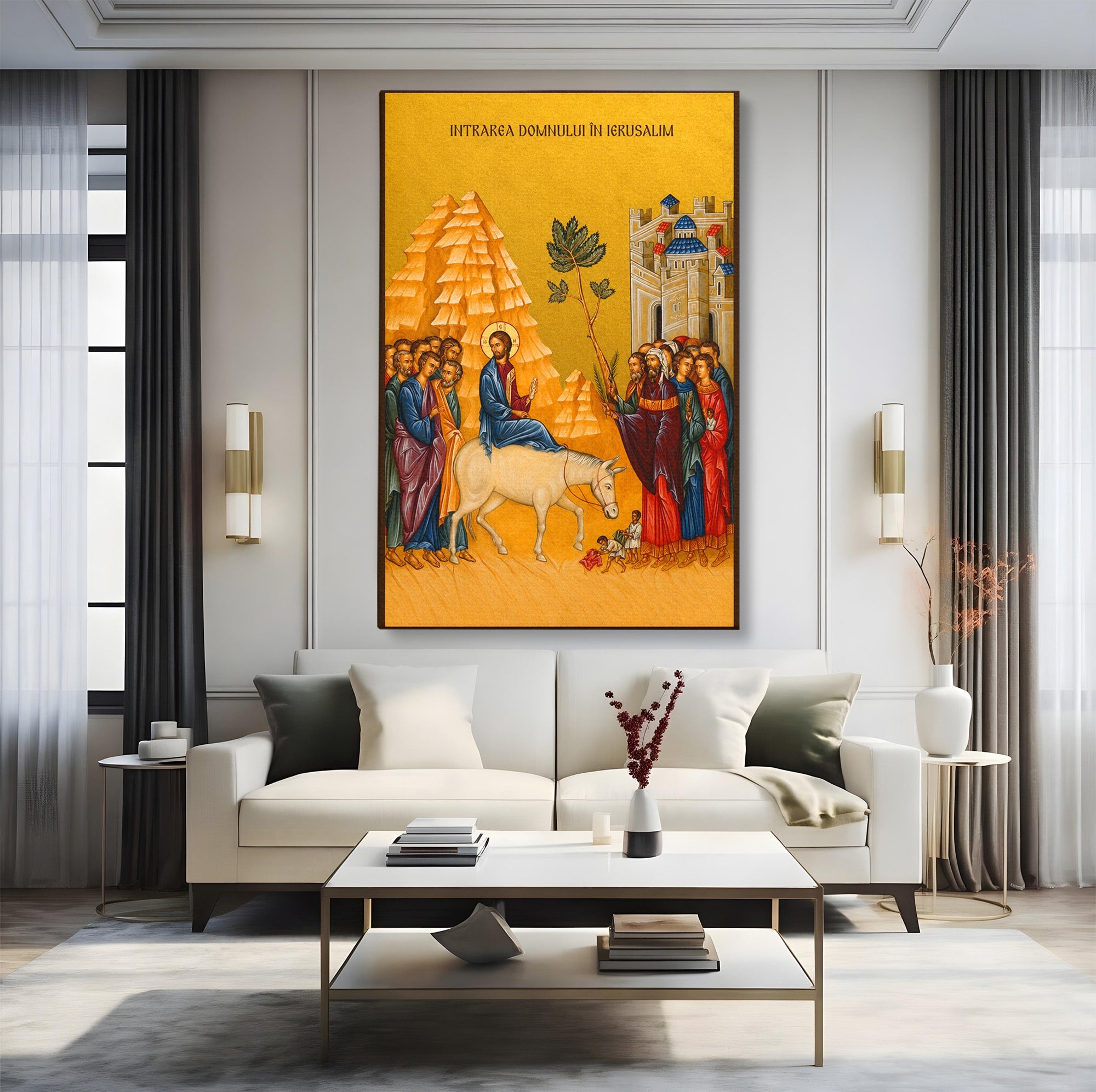 Tablou Canvas Premium LuxCanva® H1118, Intrarea Domnului In Ierusalim, Icoana, Florii, Smerenie, Credinta, Pace, Living, Culori Vibrante