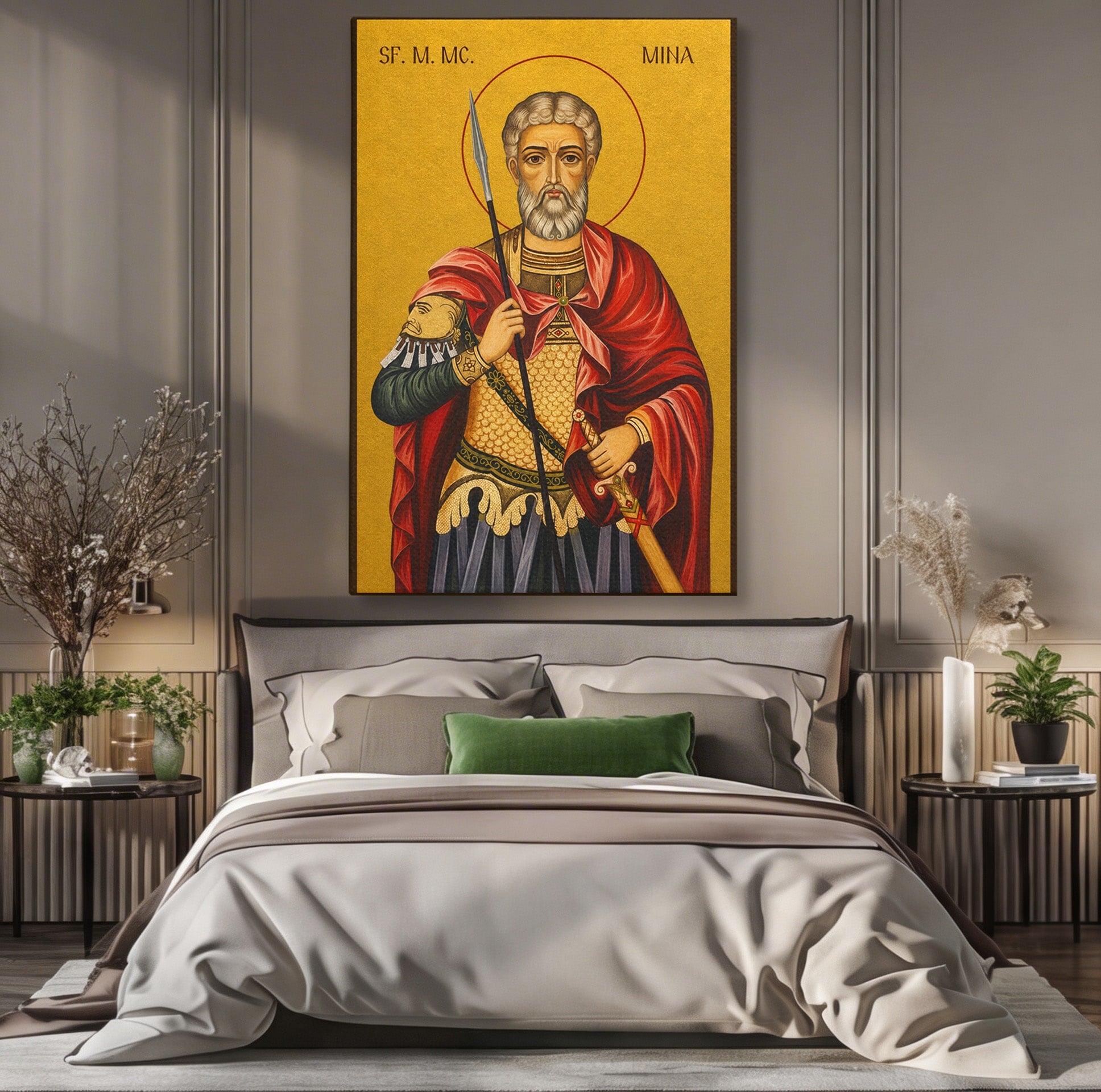 Tablou Canvas Premium LuxCanva® H1119, Sfântul Mare Mucenic Mina, Religie, Icoana, Minuni, Speranta, Dormitor, Birou, Culori Vibrante