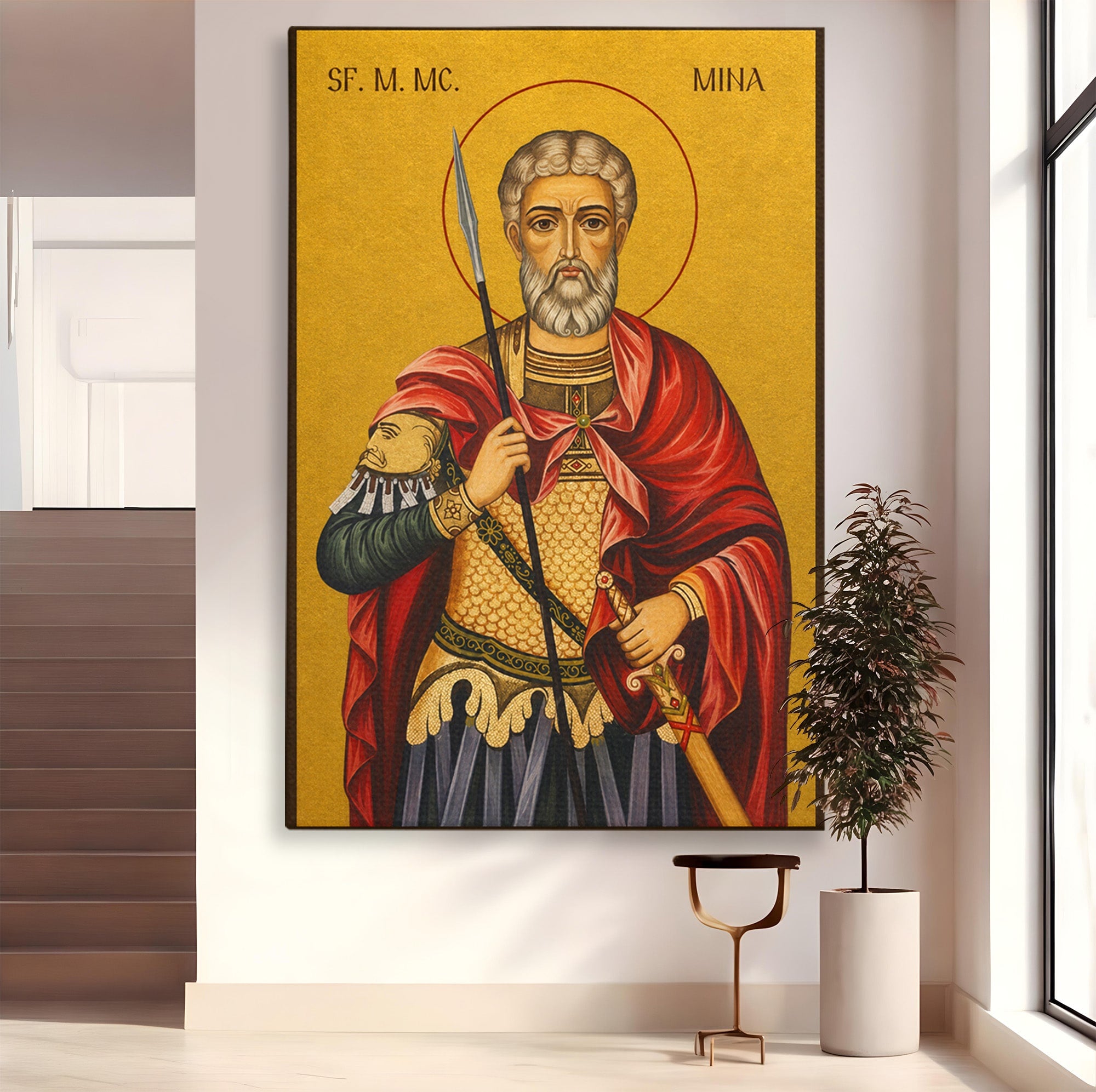 Tablou Canvas Premium LuxCanva® H1119, Sfântul Mare Mucenic Mina, Religie, Icoana, Minuni, Speranta, Dormitor, Birou, Culori Vibrante