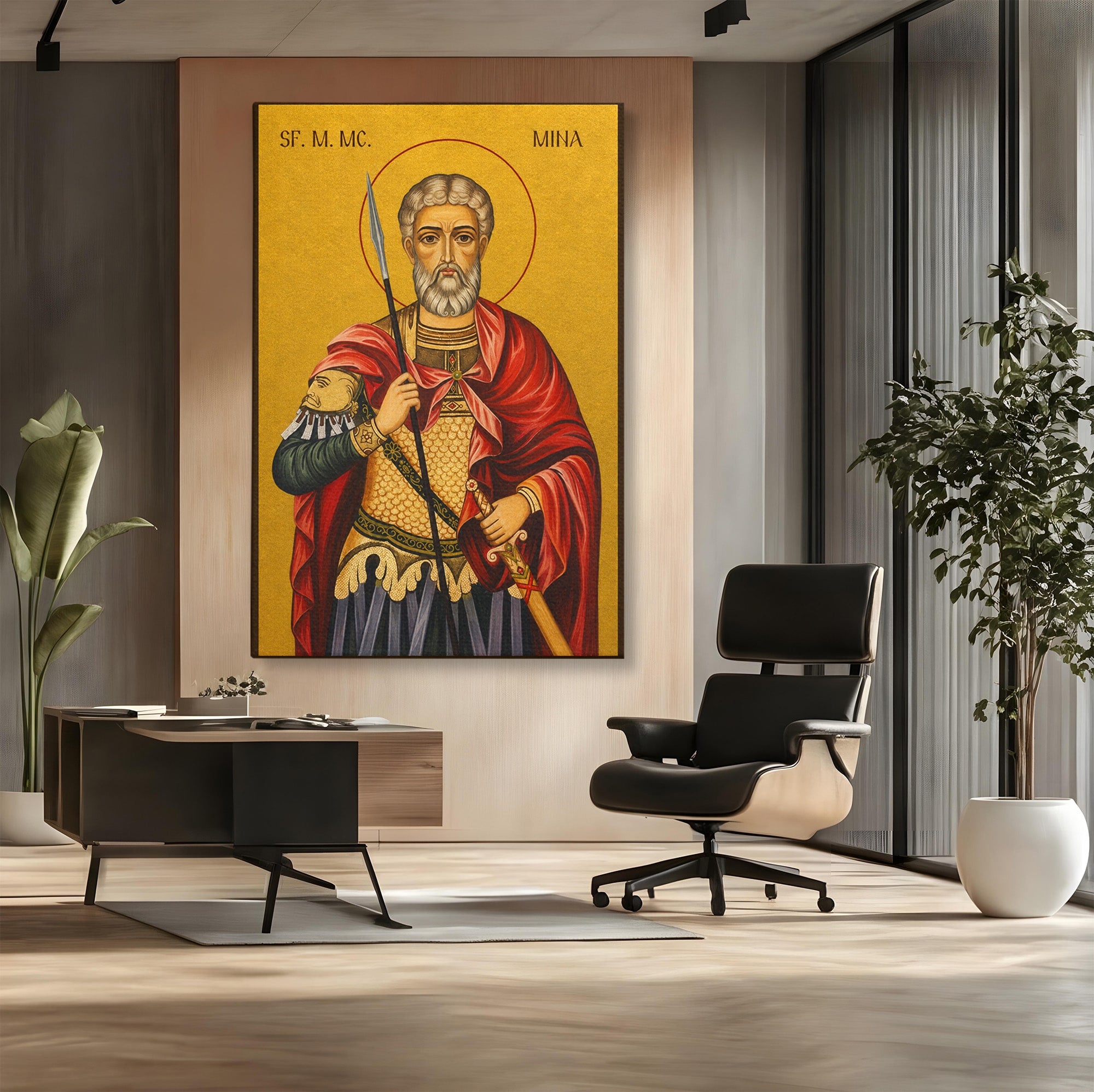 Tablou Canvas Premium LuxCanva® H1119, Sfântul Mare Mucenic Mina, Religie, Icoana, Minuni, Speranta, Dormitor, Birou, Culori Vibrante