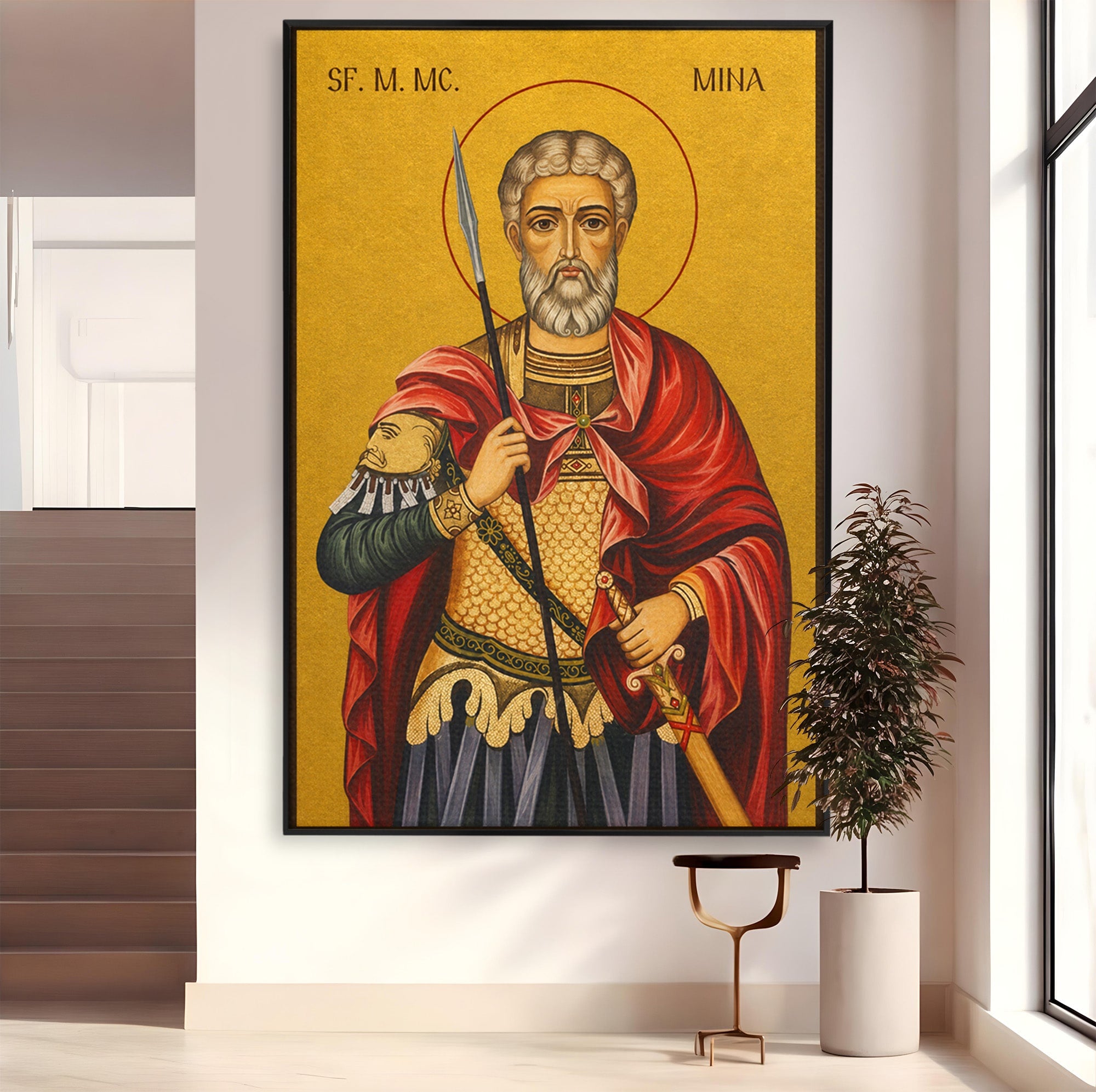 Tablou Canvas Premium LuxCanva® H1119, Sfântul Mare Mucenic Mina, Religie, Icoana, Minuni, Speranta, Dormitor, Birou, Culori Vibrante