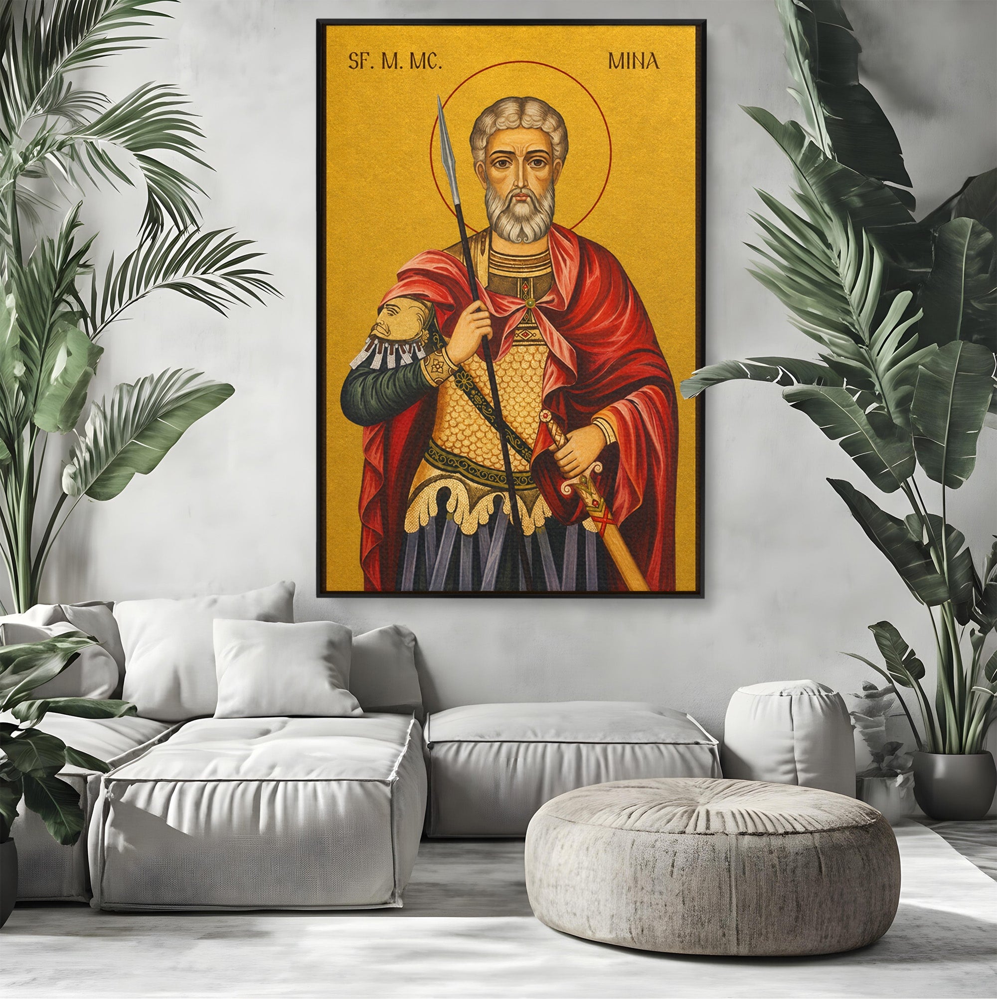 Tablou Canvas Premium LuxCanva® H1119, Sfântul Mare Mucenic Mina, Religie, Icoana, Minuni, Speranta, Dormitor, Birou, Culori Vibrante