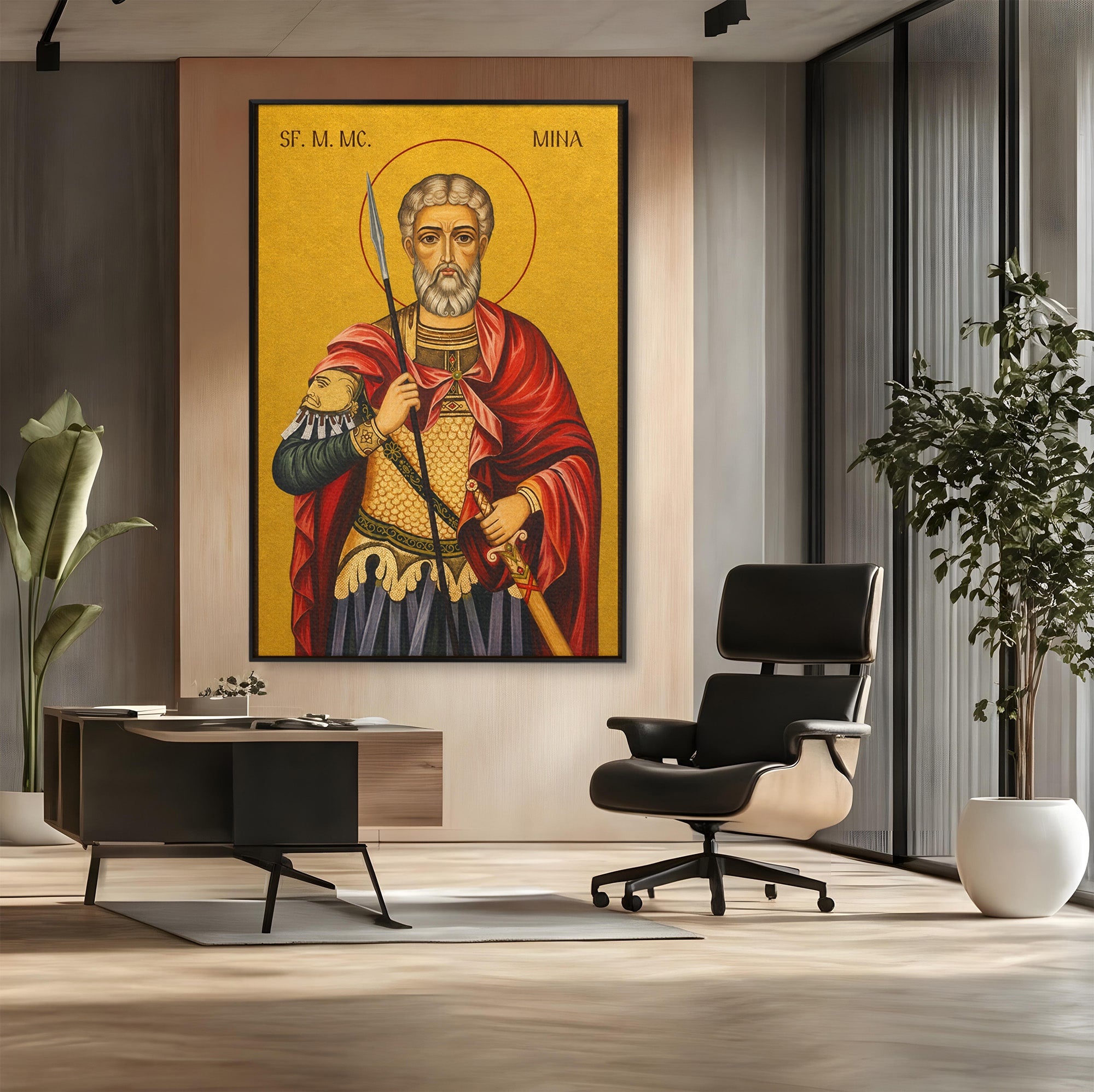 Tablou Canvas Premium LuxCanva® H1119, Sfântul Mare Mucenic Mina, Religie, Icoana, Minuni, Speranta, Dormitor, Birou, Culori Vibrante