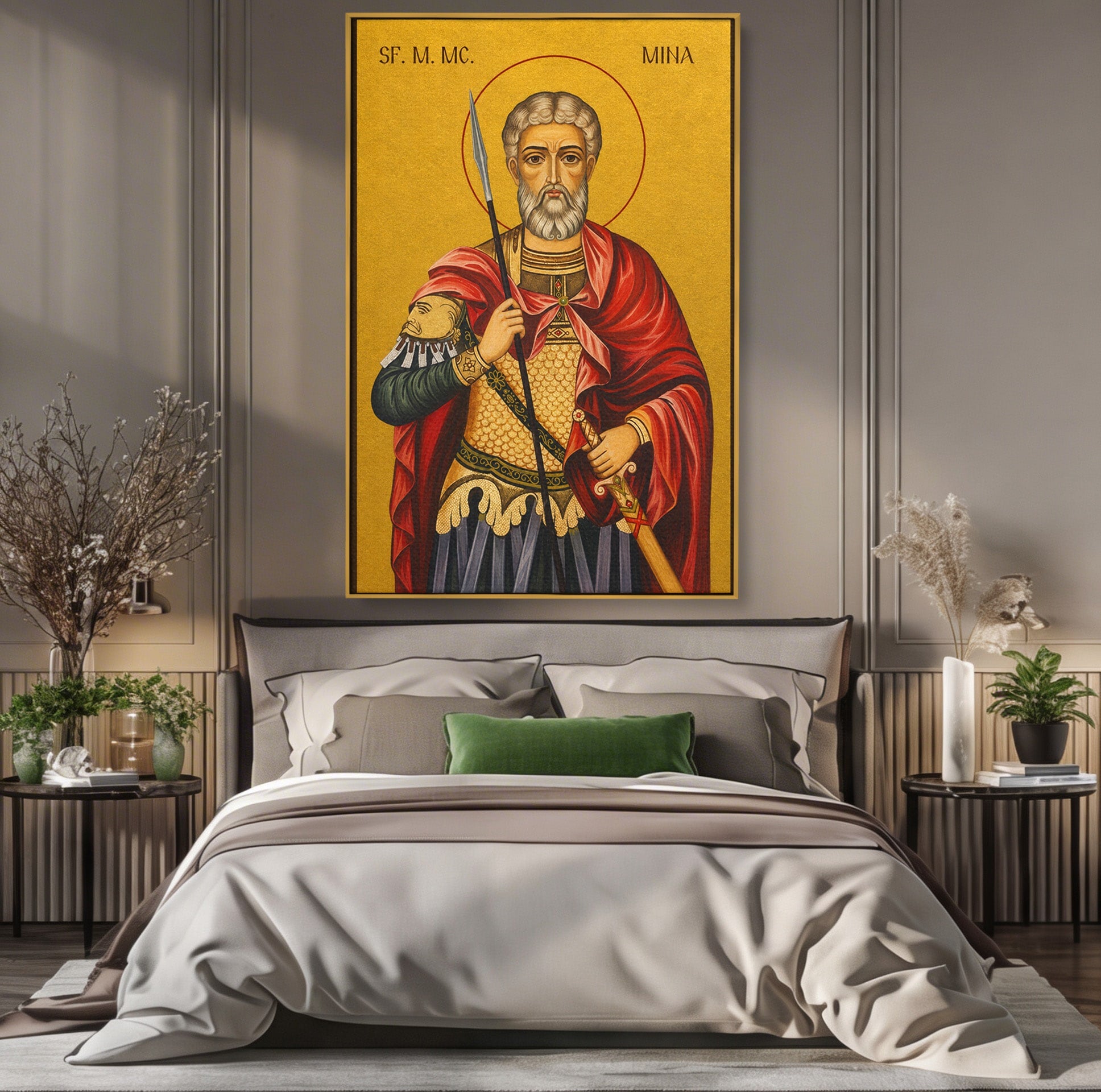 Tablou Canvas Premium LuxCanva® H1119, Sfântul Mare Mucenic Mina, Religie, Icoana, Minuni, Speranta, Dormitor, Birou, Culori Vibrante